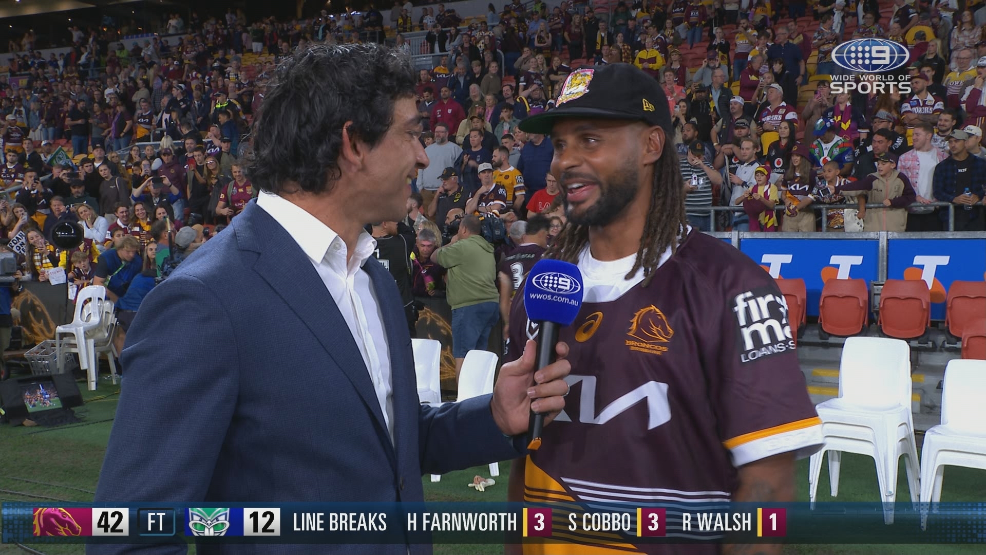 Johnathan Thurston and NBA Superstar Patty Mills at the Broncos-Warriors NRL Preliminary final.