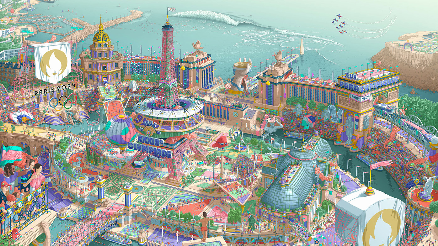 The official posters of the Paris Olympic and Paralympic Games, joined together here to make one mega poster.