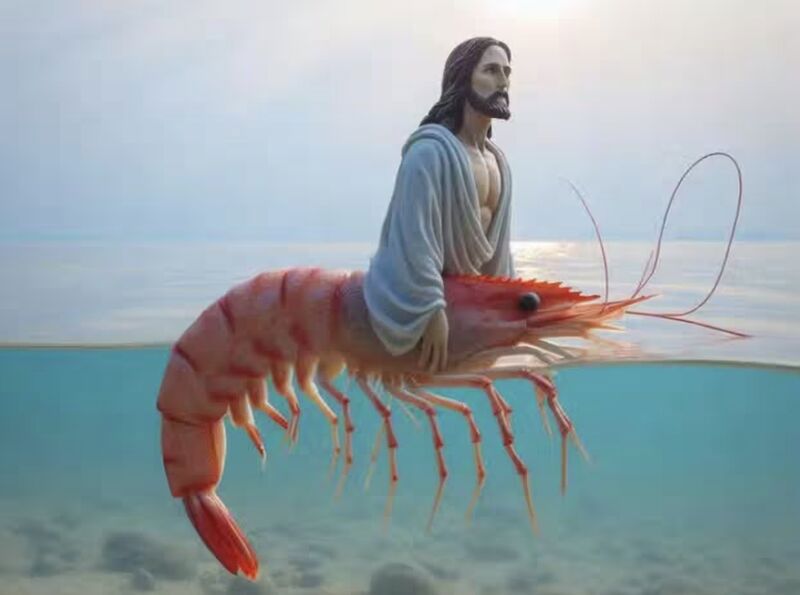 An AI-generated image of Jesus Christ with a shrimp. 