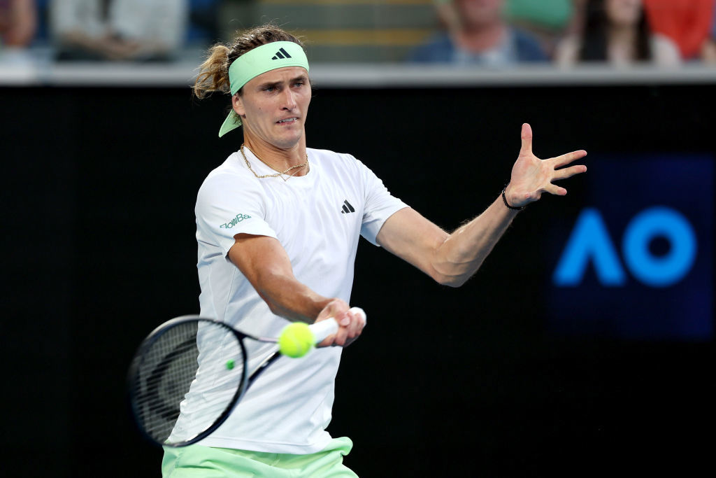 Alexander Zverev plays a forehand against Dominik Koepfer.