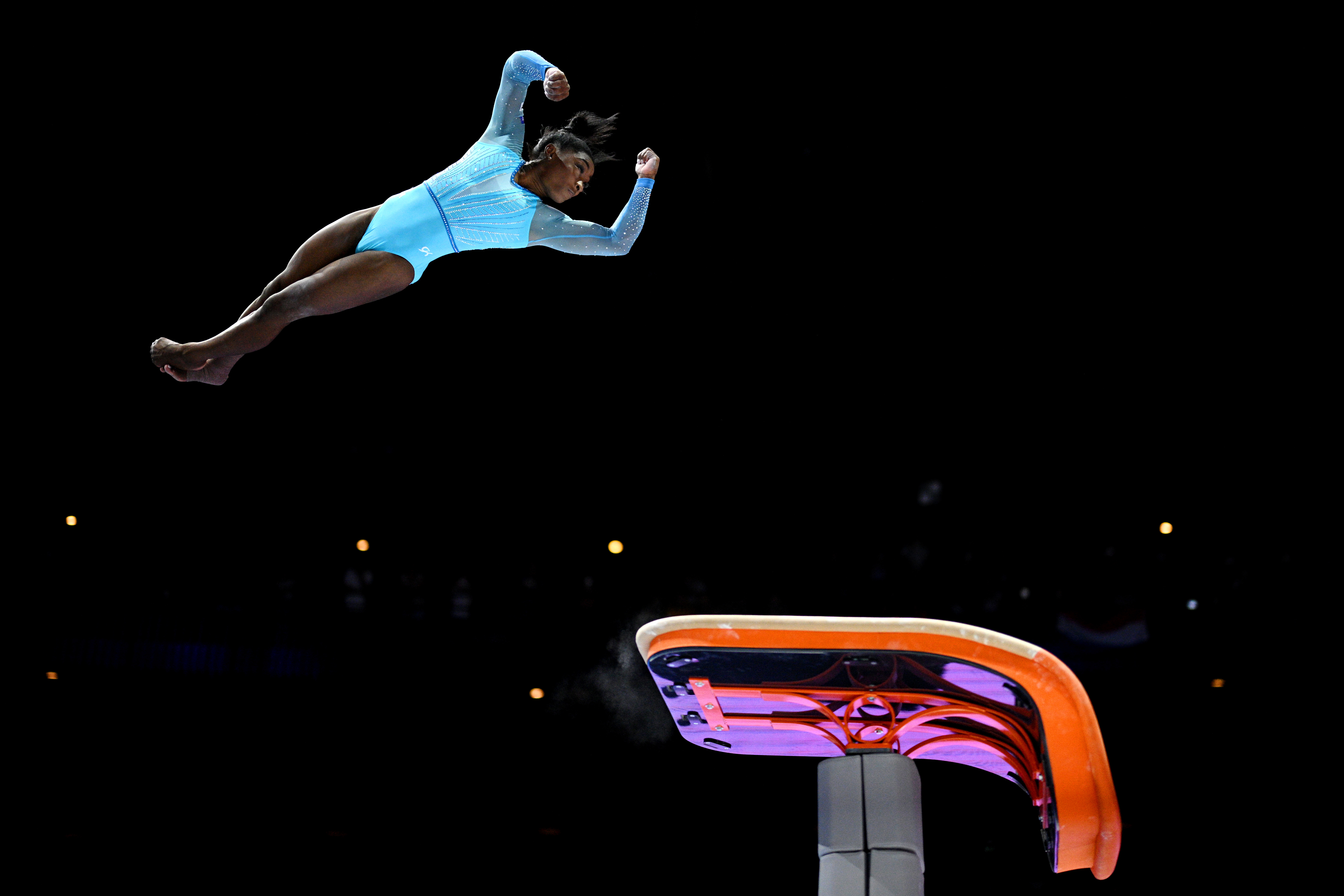 Simone Biles attempts a Yurchenko double pike at the Artistic Gymnastics World Championships in Antwerp, Belgium.