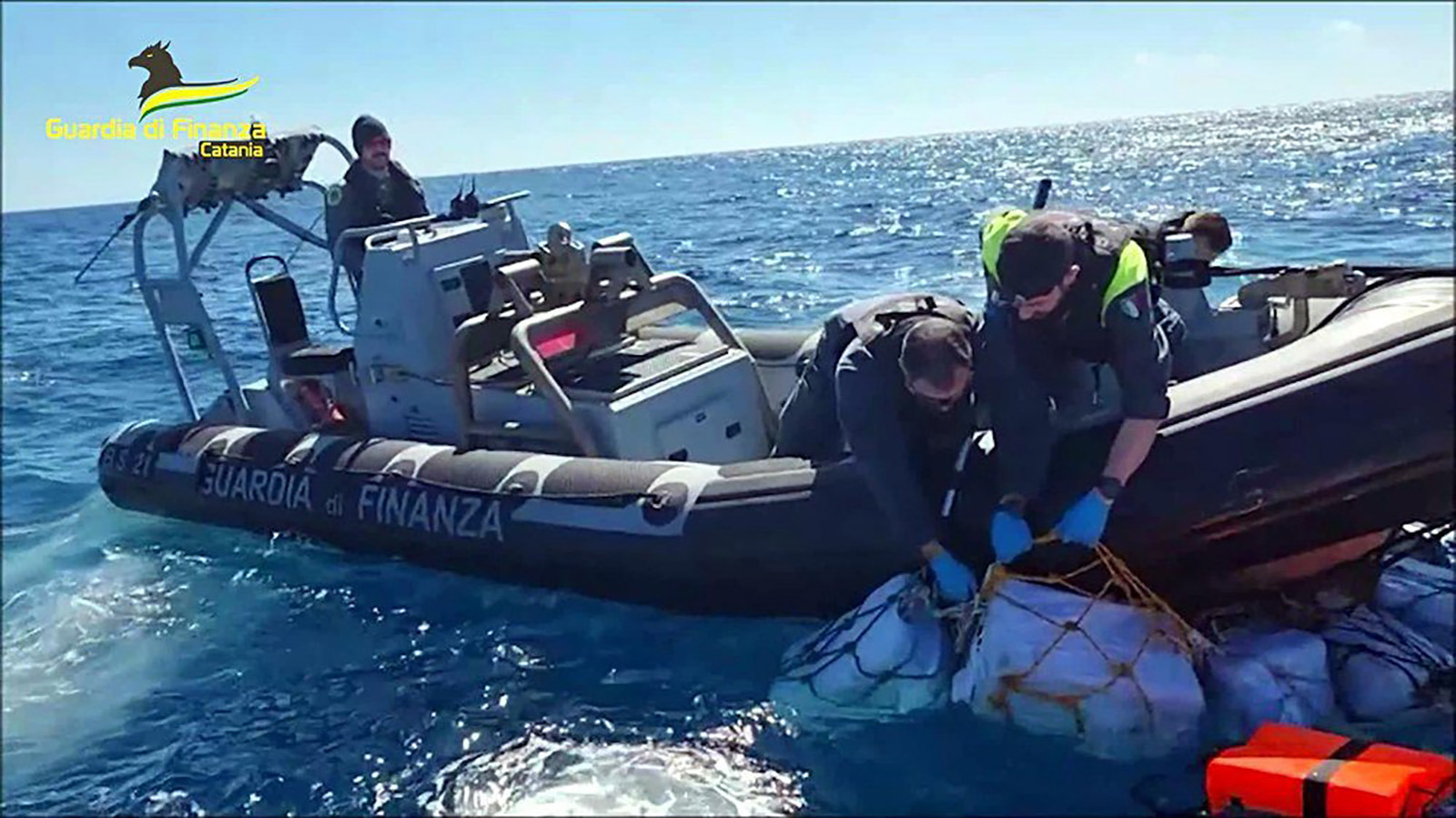 Italy's Financial Police, Guardia di Finanza, recovered a record amount of cocaine during a routine surveillance flight off the eastern coast of Sicily on Sunday.