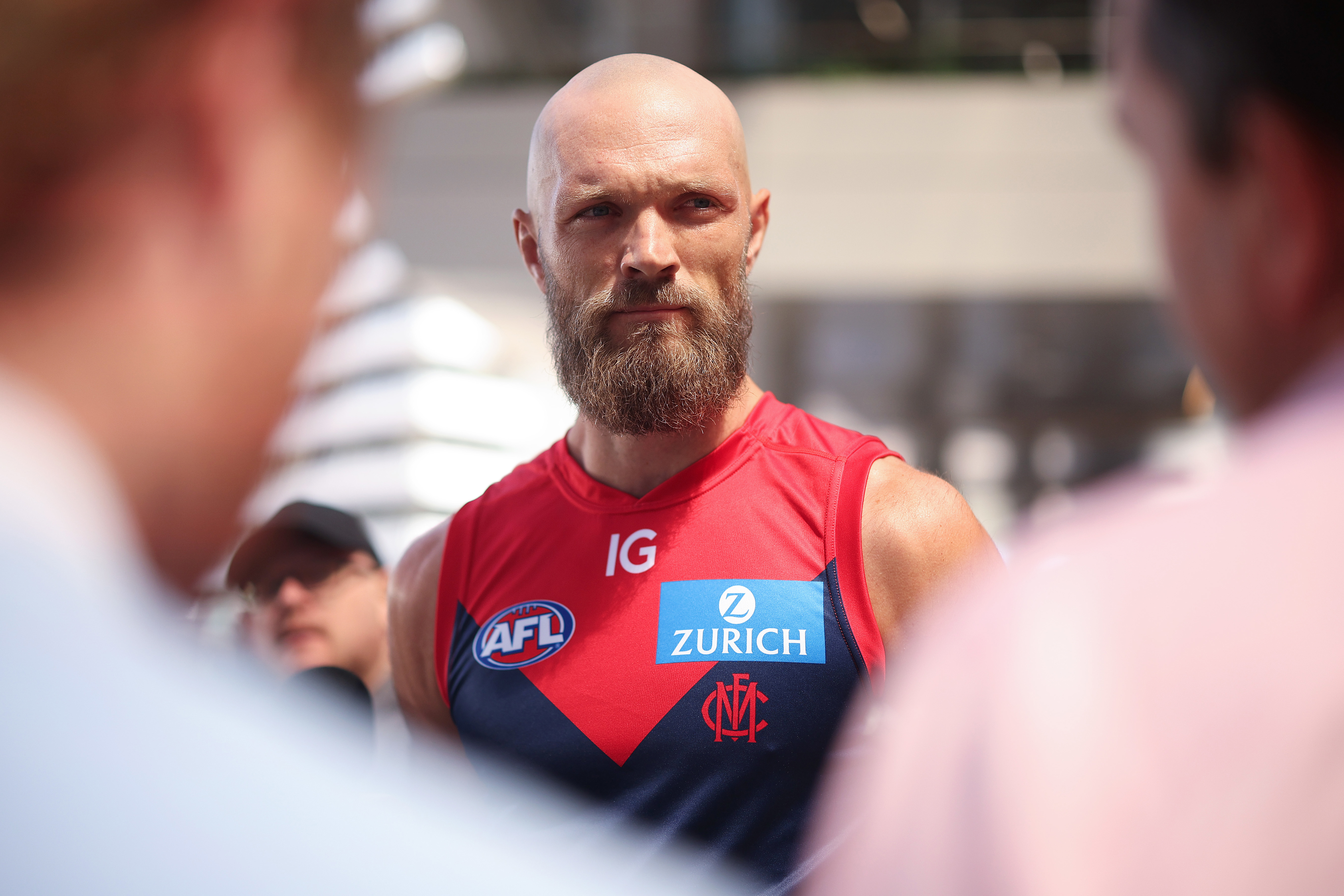 Max Gawn of the Demons speaks to media during the 2024 AFL captain's day.