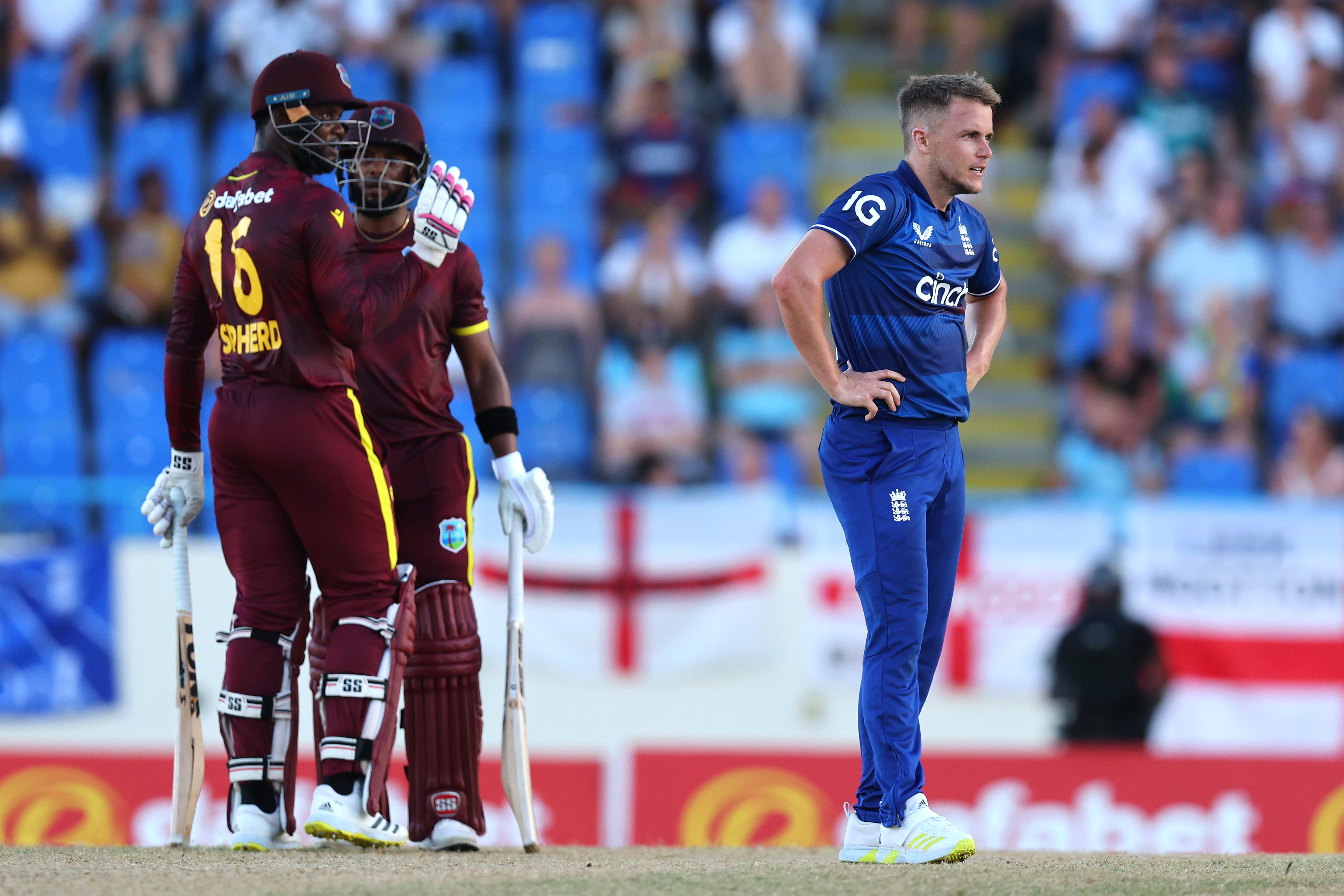 ANTIGUA, ANTIGUA AND BARBUDA - DECEMBER 03: Sam Curran of England reacts to a boundary being hit off his bowling during the 1st CG United One Day International match between West Indies and England at Sir Vivian Richards Stadium on December 03, 2023 in Antigua, Antigua and Barbuda. (Photo by Ashley Allen/Getty Images)