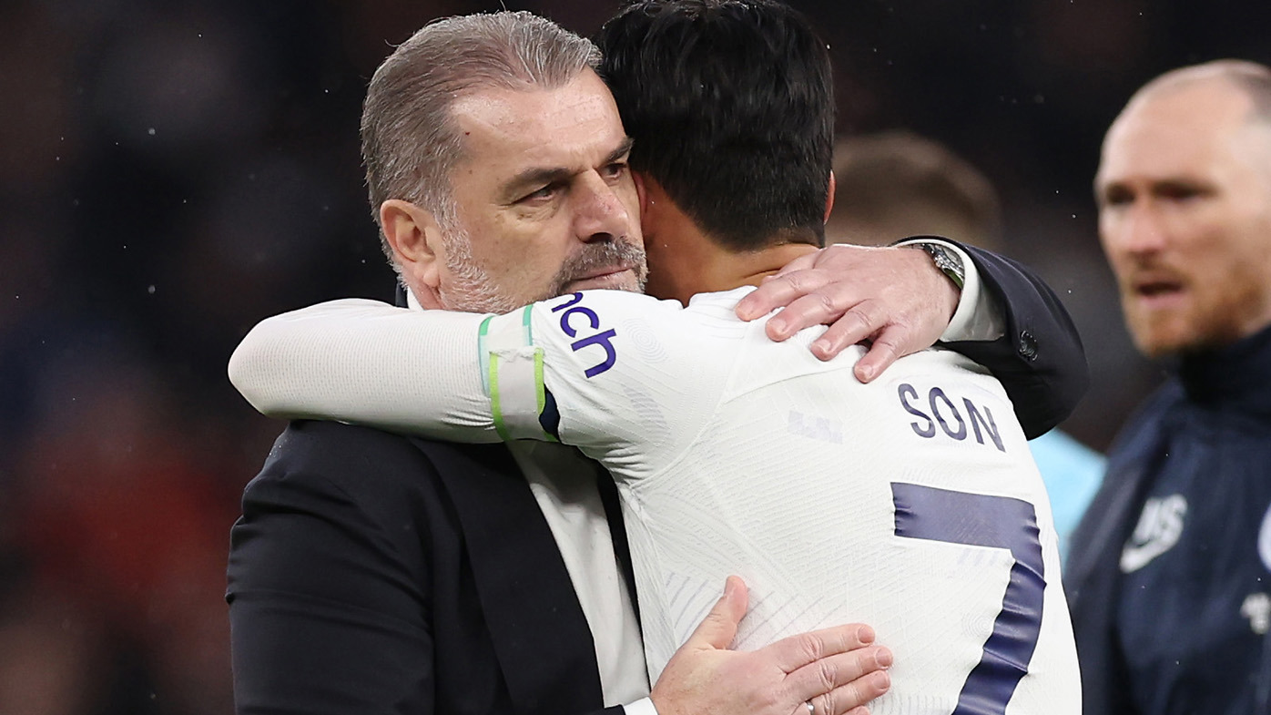 Ange Postecoglou, Manager of Tottenham Hotspur, interacts with Son Heung-Min of Tottenham Hotspur following the Premier League match between Tottenham Hotspur and Brighton & Hove Albion at Tottenham Hotspur Stadium on February 10, 2024 in London, England. (Photo by Julian Finney/Getty Images)