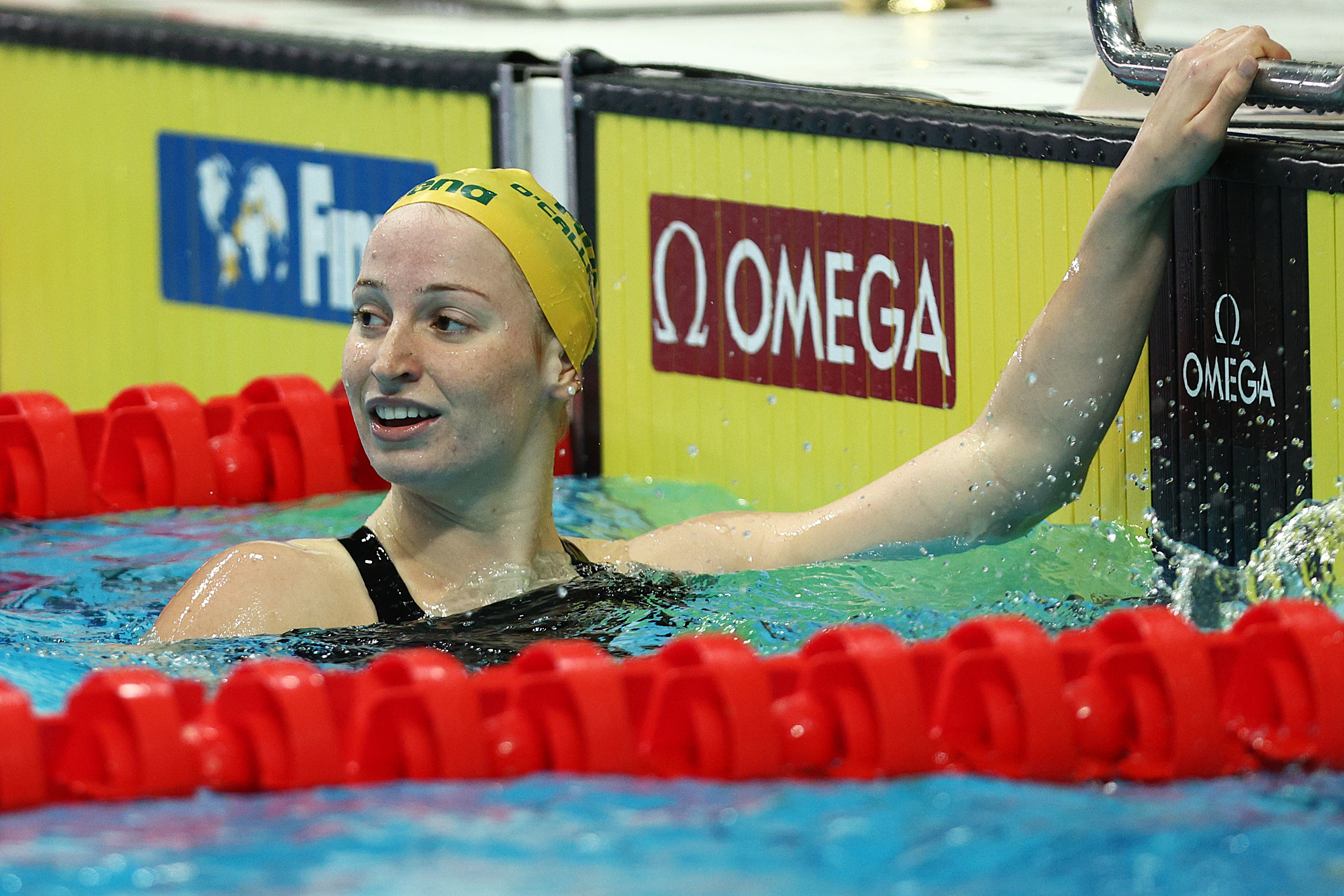 Mollie O'Callaghan reacts after the women's 200m freestyle heats.