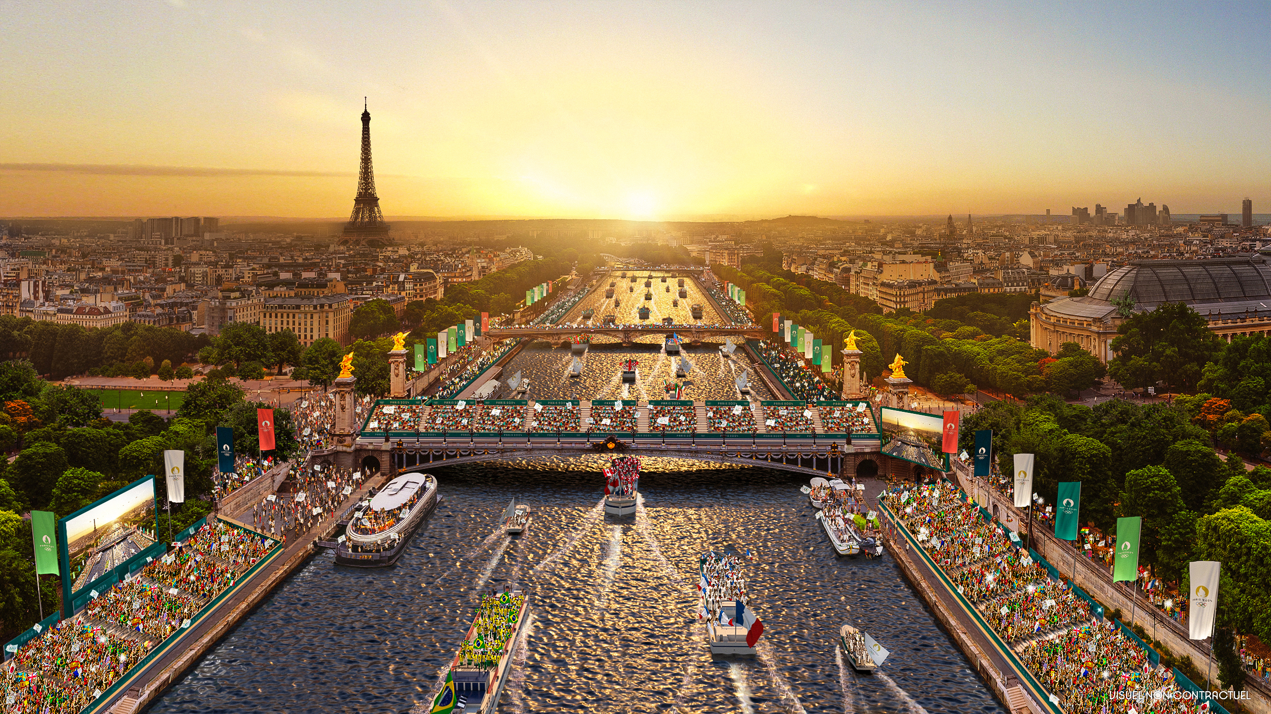 Aerial view of Paris with Eiffel tower and Seine river