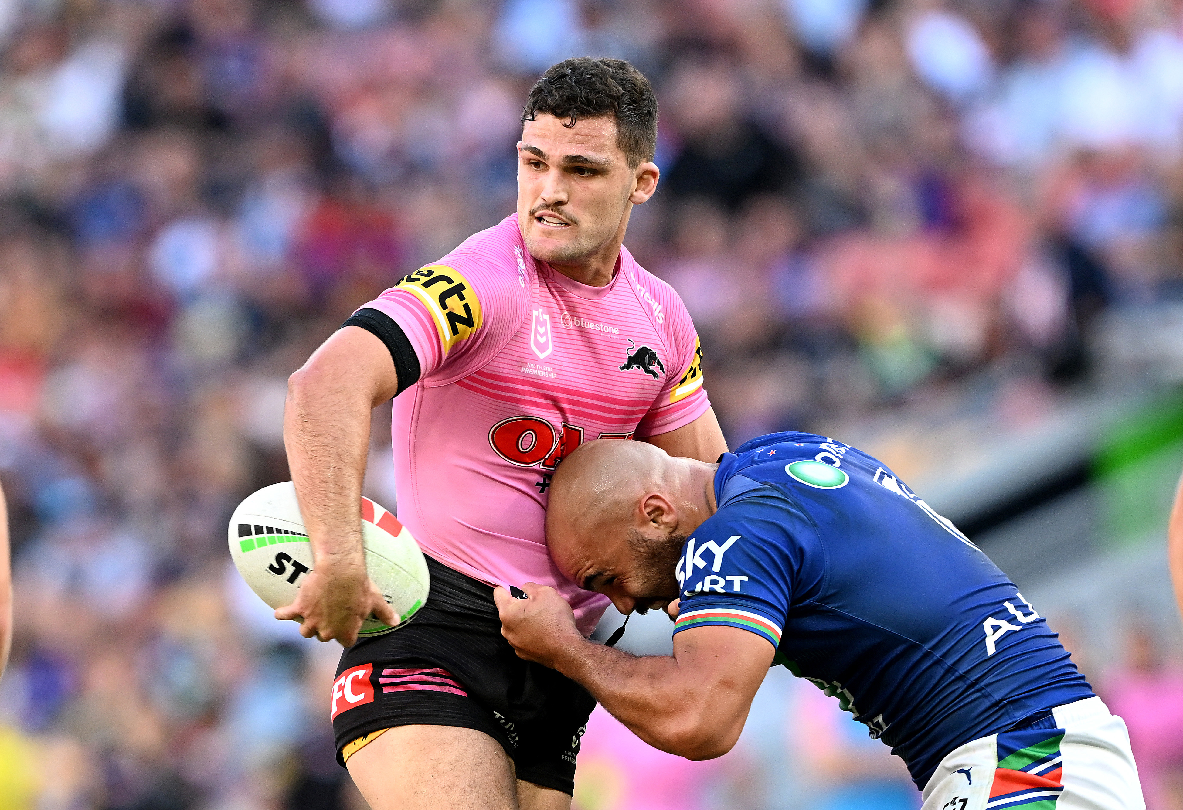 Nathan Cleary of the Panthers looks to offload during the round 10 NRL match between the New Zealand Warriors and Penrith Panthers at Suncorp Stadium on May 06, 2023 in Brisbane, Australia. (Photo by Bradley Kanaris/Getty Images)