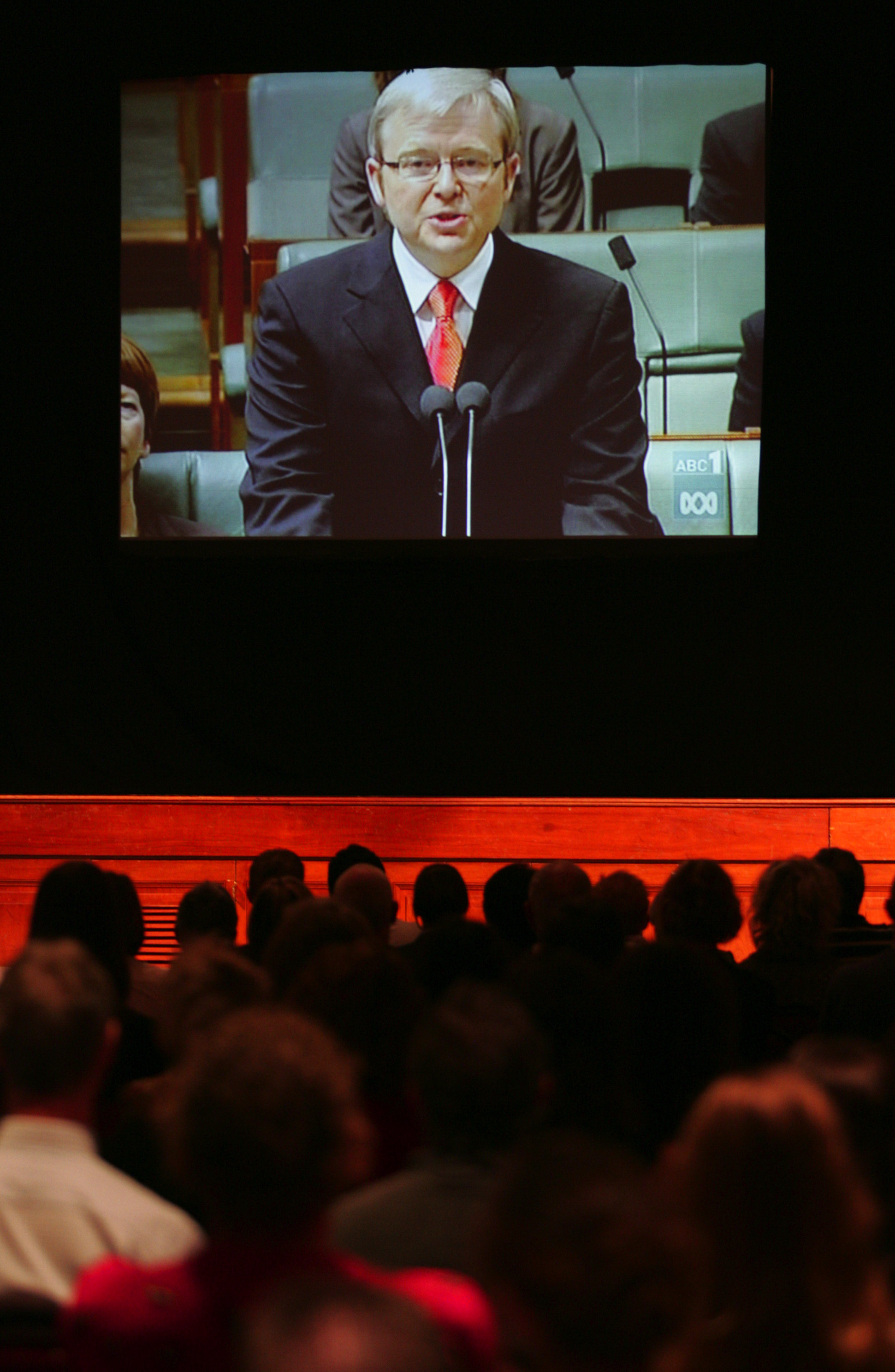 People at Newcastle town hall watch Prime minister Kevin Rudd on Television during his apology to the stolen generation  13th February 2008 .