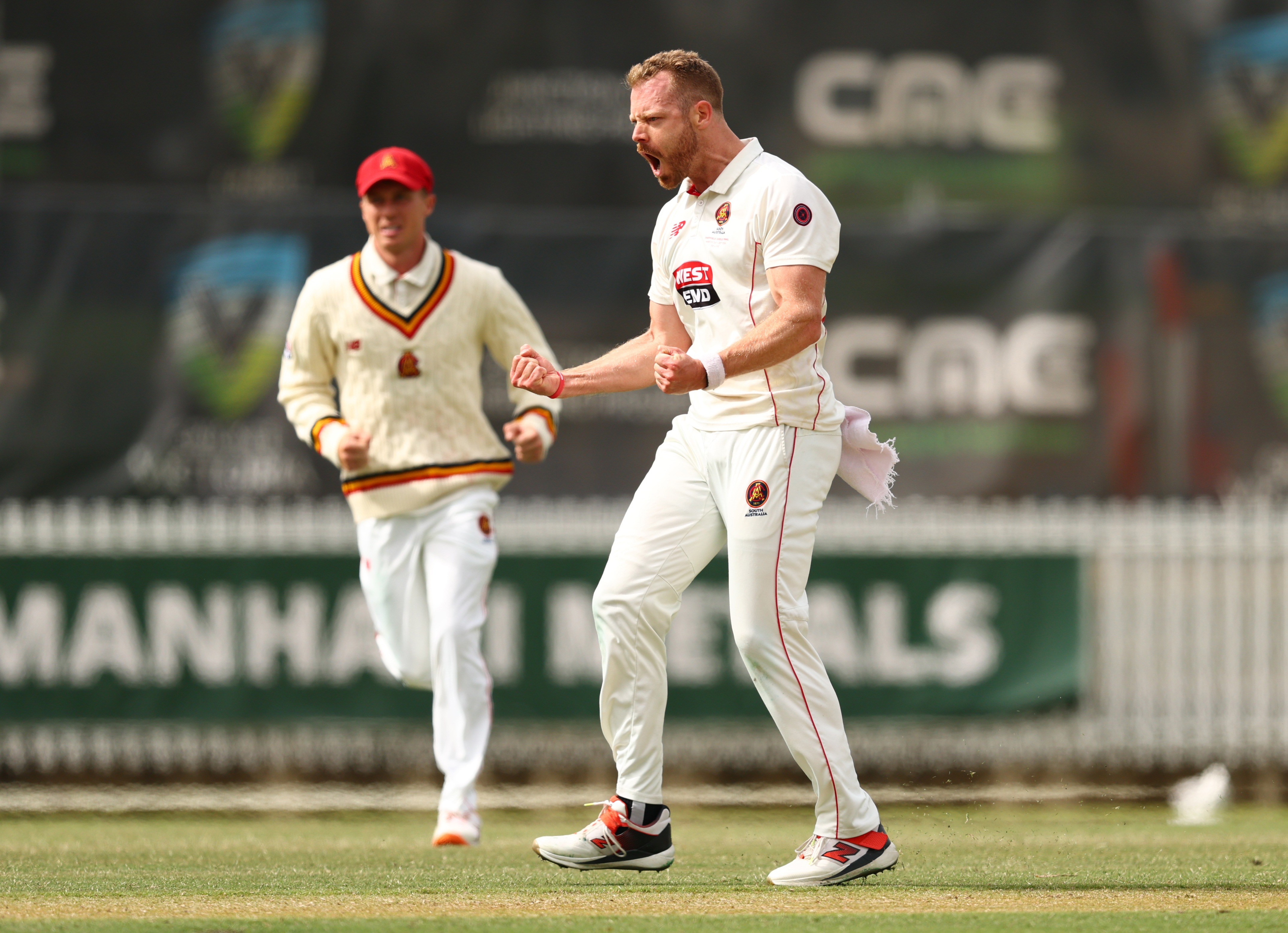 MELBOURNE, AUSTRALIA - MARCH 28: Nathan McAndrew of South Australia celebrates after taking the wicket of Oliver Peake of Victoria during day three of the Sheffield Shield match between Victoria and South Australia at CitiPower Centre, on March 28, 2026, in Melbourne, Australia. (Photo by Robert Cianflone/Getty Images)