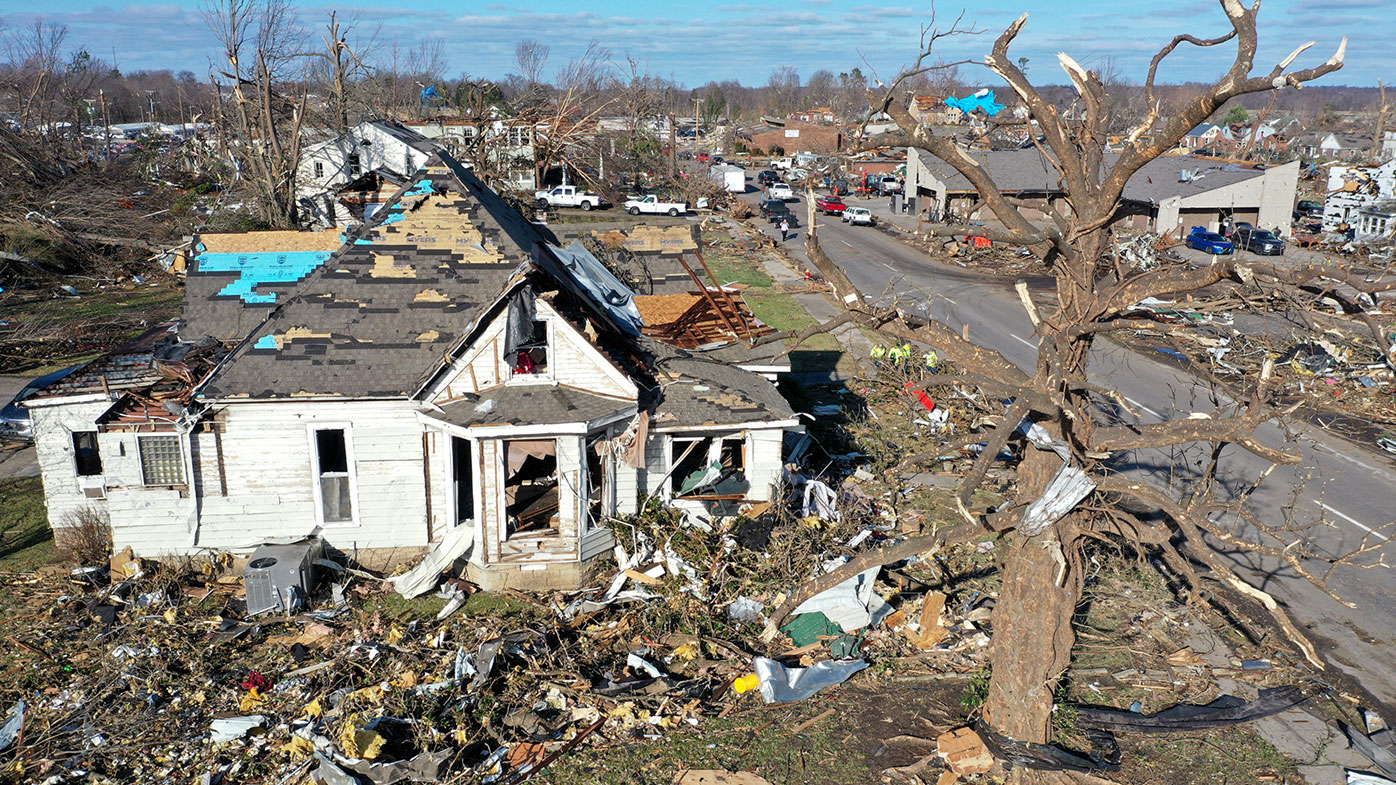 An aerial view shows homes badly destroyed after a tornado ripped through Mayfield, Kentucky, on Friday.