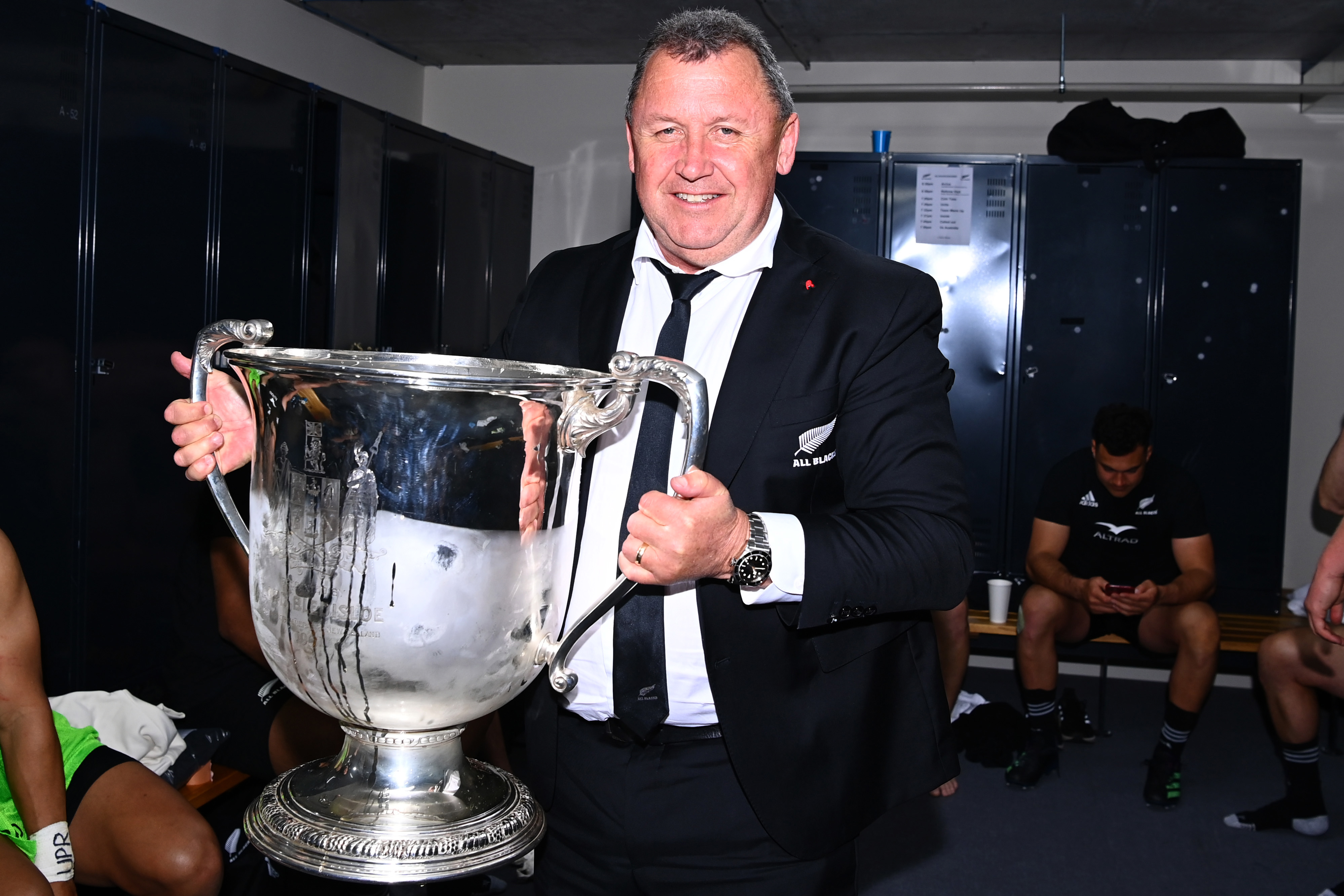 Coach Ian Foster of the All Blacks celebrates with the Bledisloe Cup.