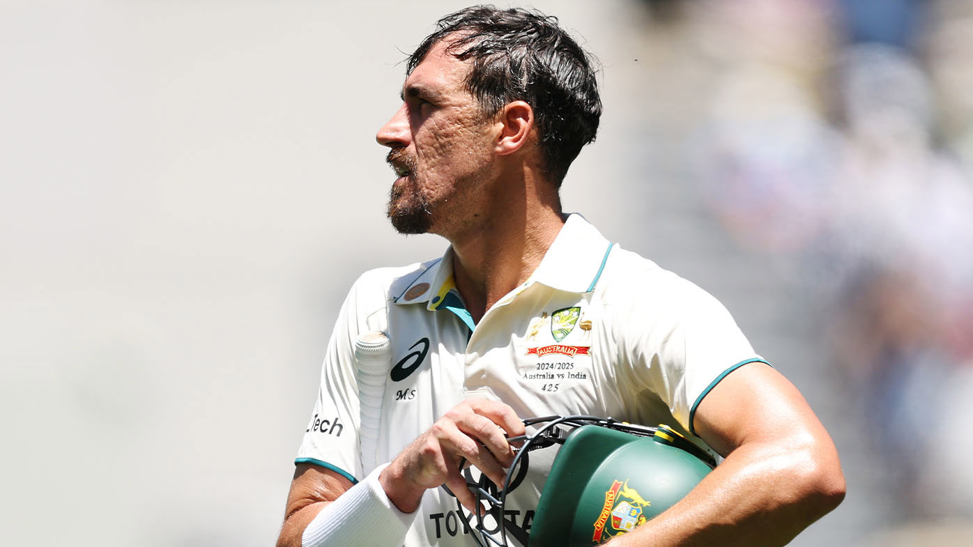 Mitchell Starc walks off after being dismissed on day two of the Perth Test.