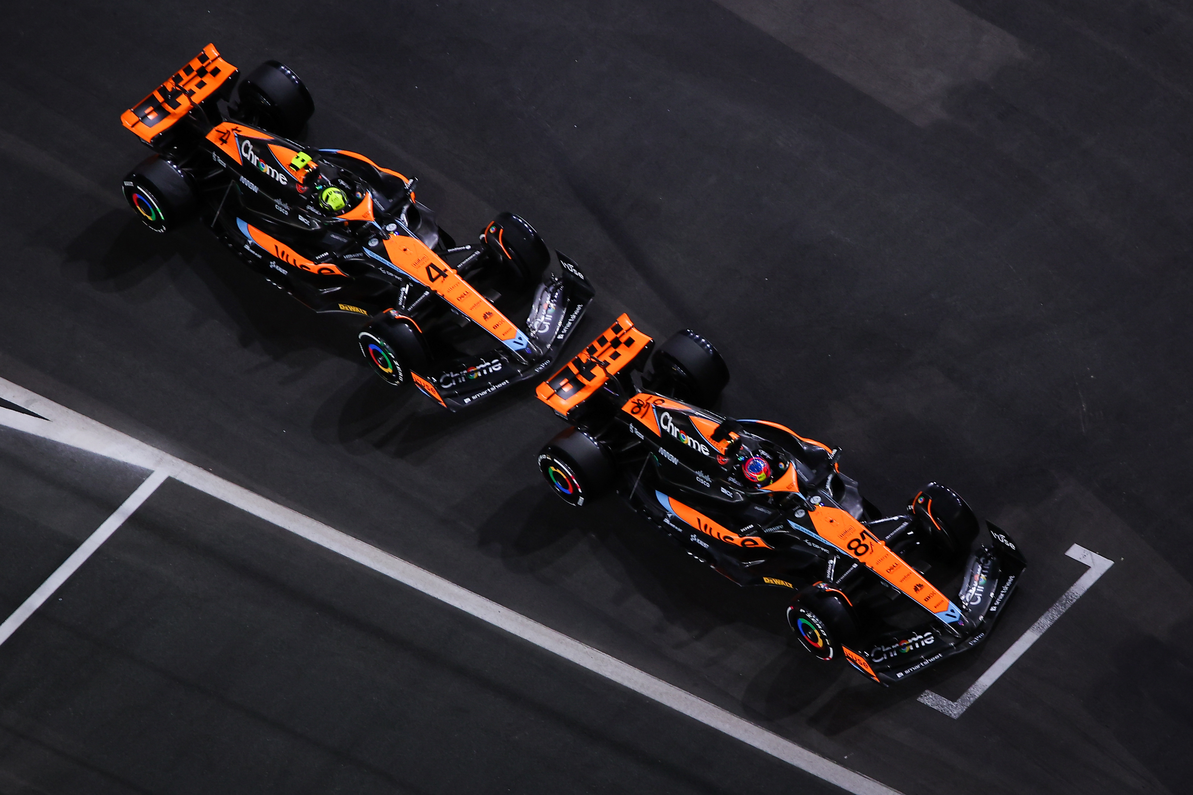 Oscar Piastri of Australia driving the (81) McLaren F1 Team MCL60 and Lando Norris of Great Britain driving the (4) McLaren F1 Team MCL60 on track during practice ahead of the F1 Grand Prix of Saudi Arabia at Jeddah Corniche Circuit on March 17, 2023 in Jeddah, Saudi Arabia. (Photo by Eric Alonso/Getty Images)