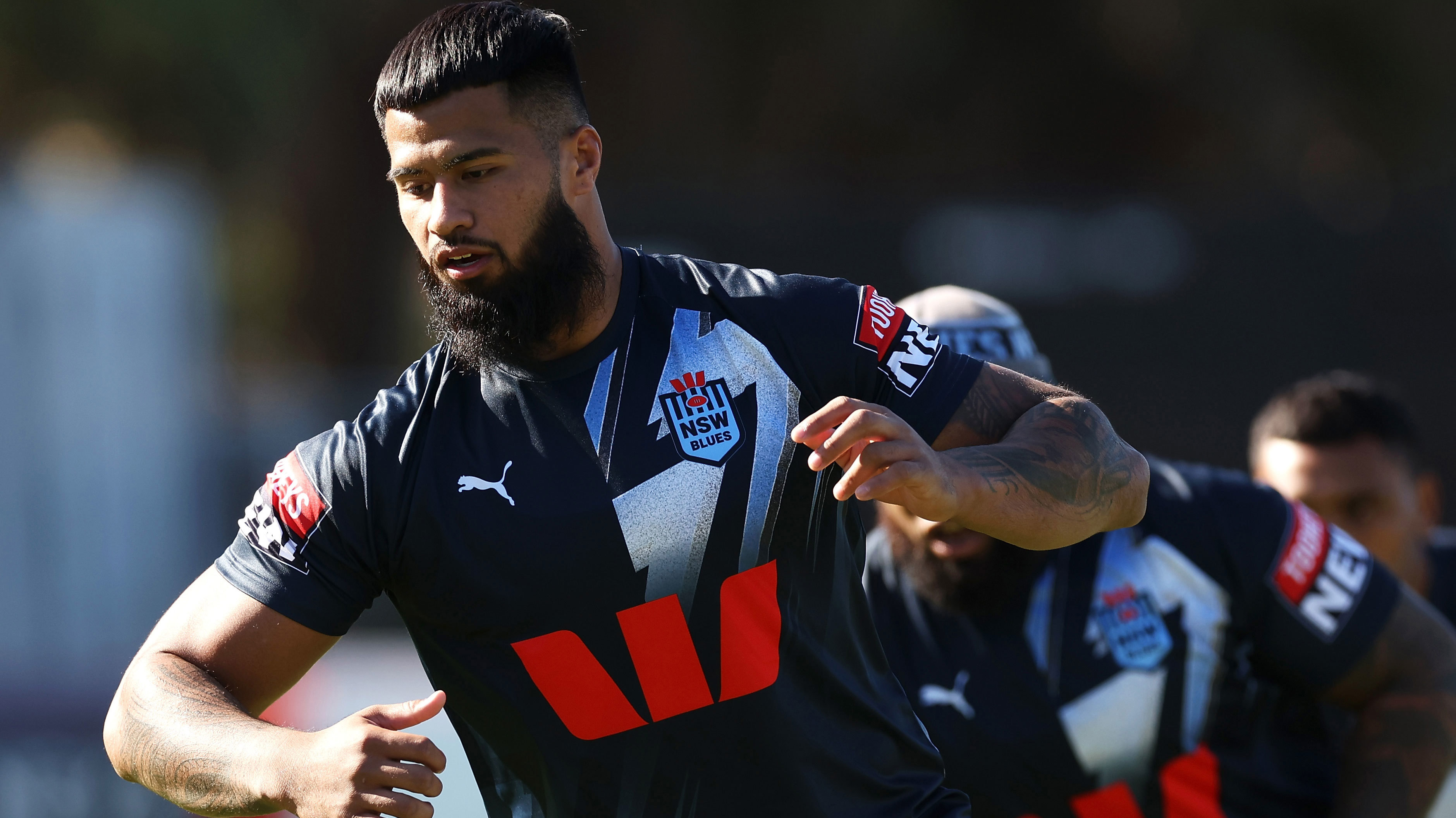 Payne Haas runs during a NSW Blues State training session at Coogee Oval.