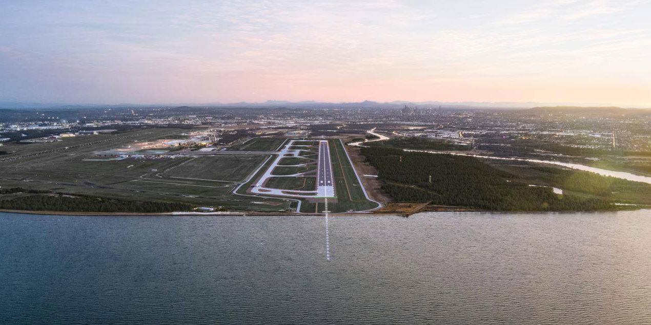 Brisbane Airport runway and a view over Moreton Bay. 