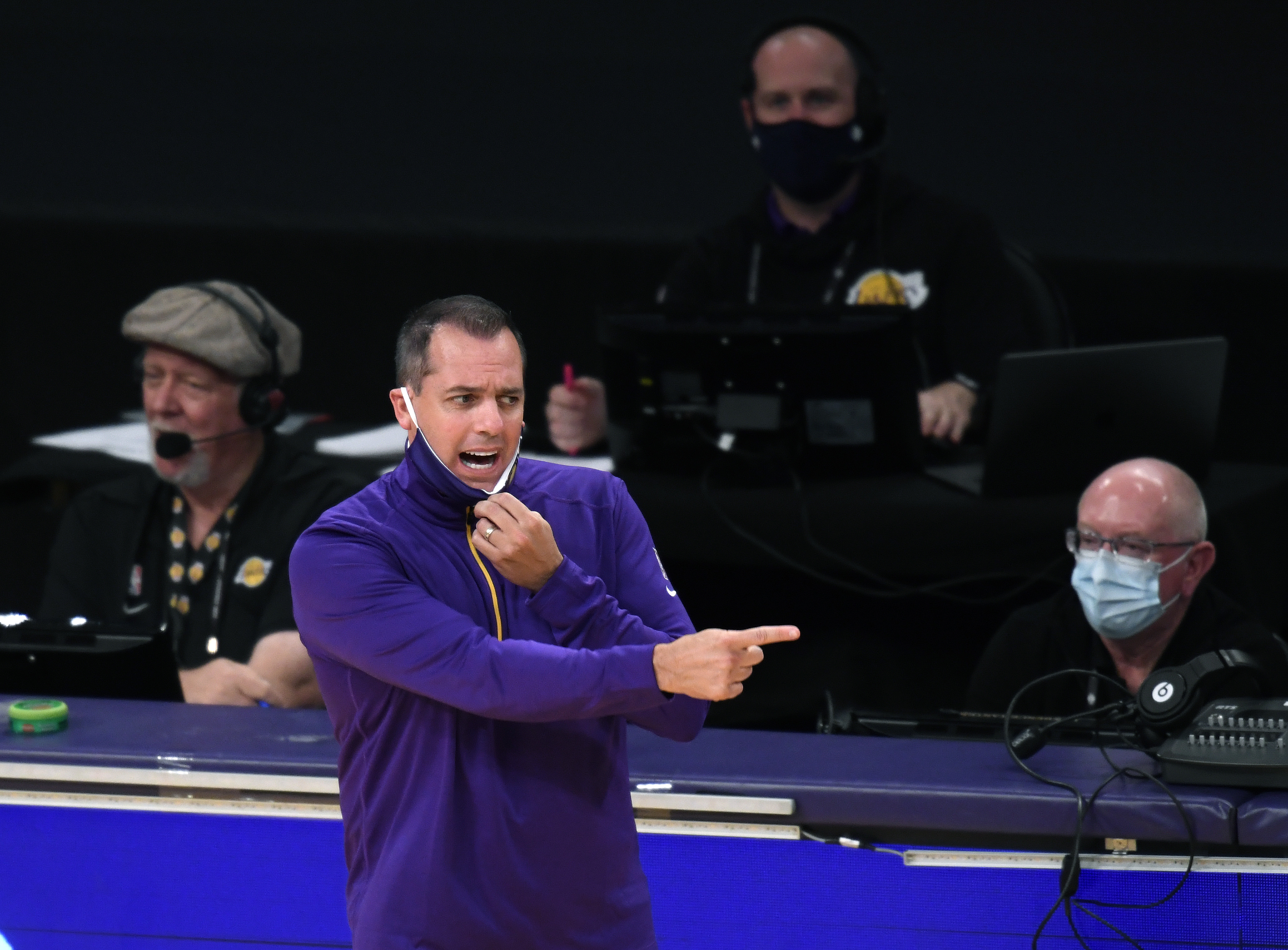 Coach Frank Vogel of the Los Angeles Lakers reacts from the sidelines.