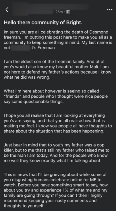 Koah Freeman's Facebook post regarding his father Dezi Freeman's shooting death.