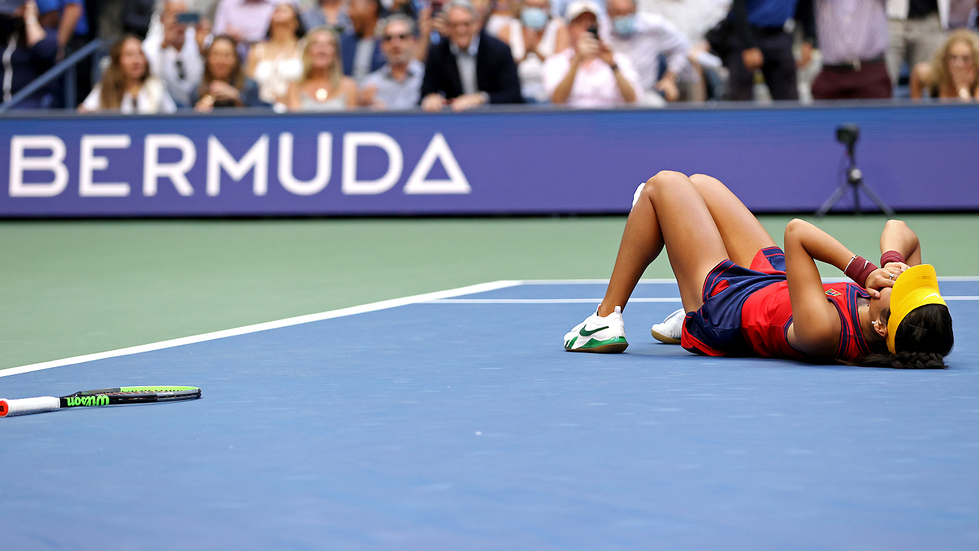 Emma Raducanu of Great Britain celebrates winning match point