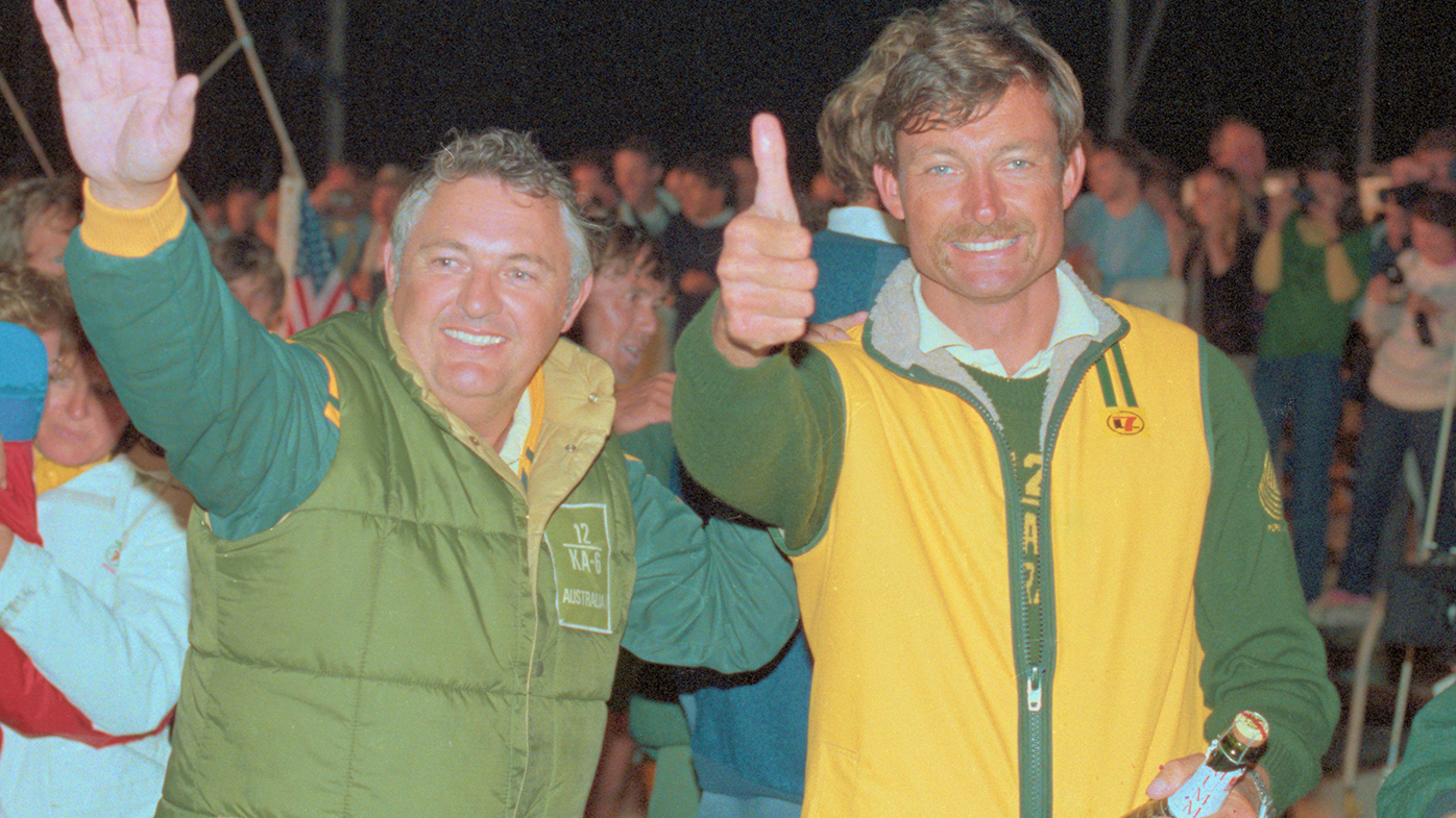 Alan Bond with John Bertrand after Australia II won the America's Cup.