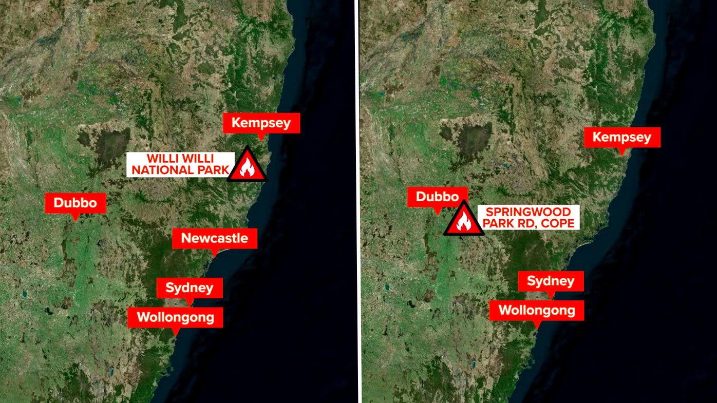 The two NSW fires in Willi Willi and Springwood Road are both at emergency level, with residents told it's too late to leave.