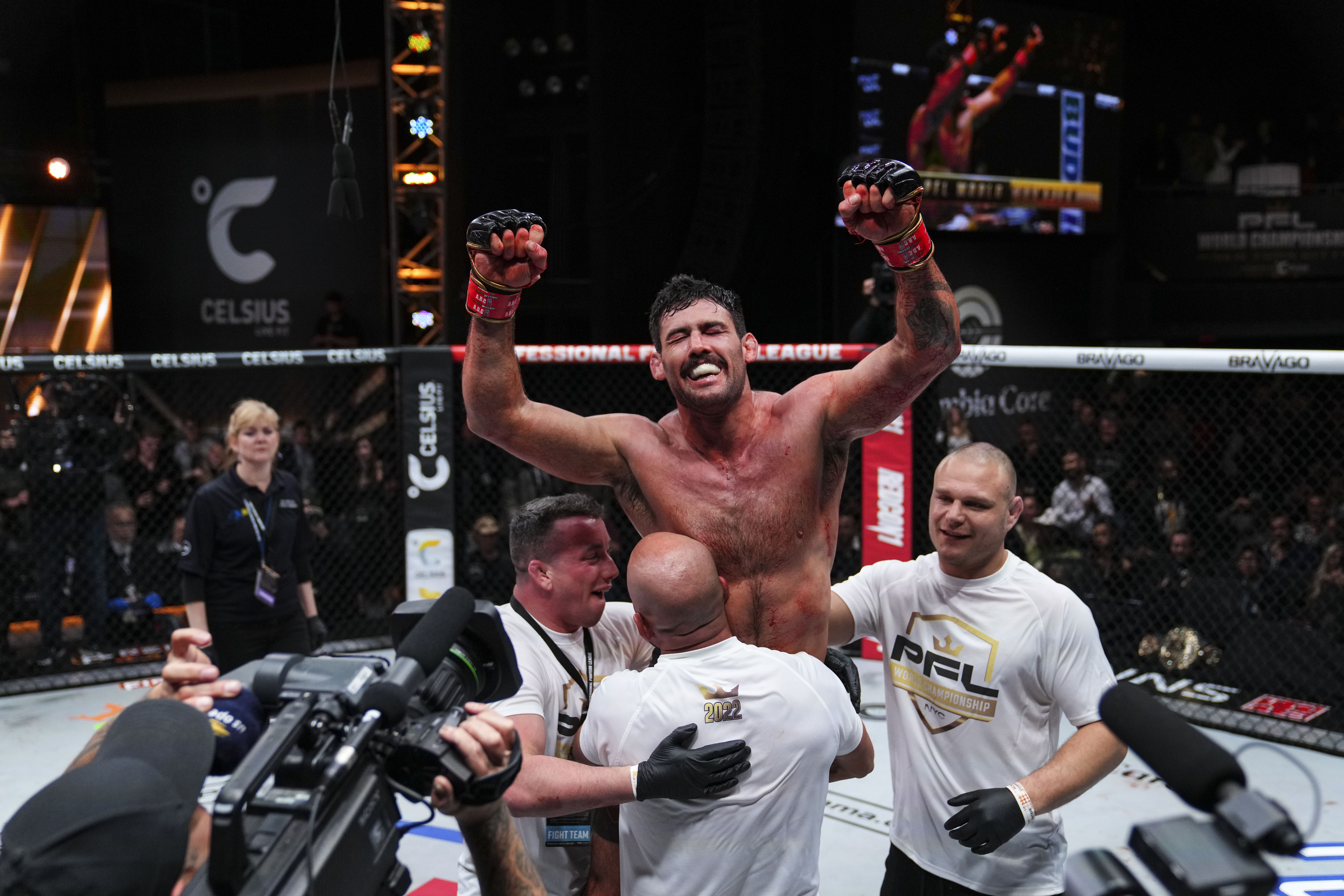 Rob Wilkinson celebrates after defeating Omari Akhmedov during the 2022 PFL Championships at the Hulu Theater at Madison Square Garden.
