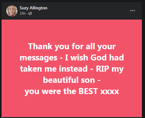 Suzy Allington paid tribute to her son on social media.