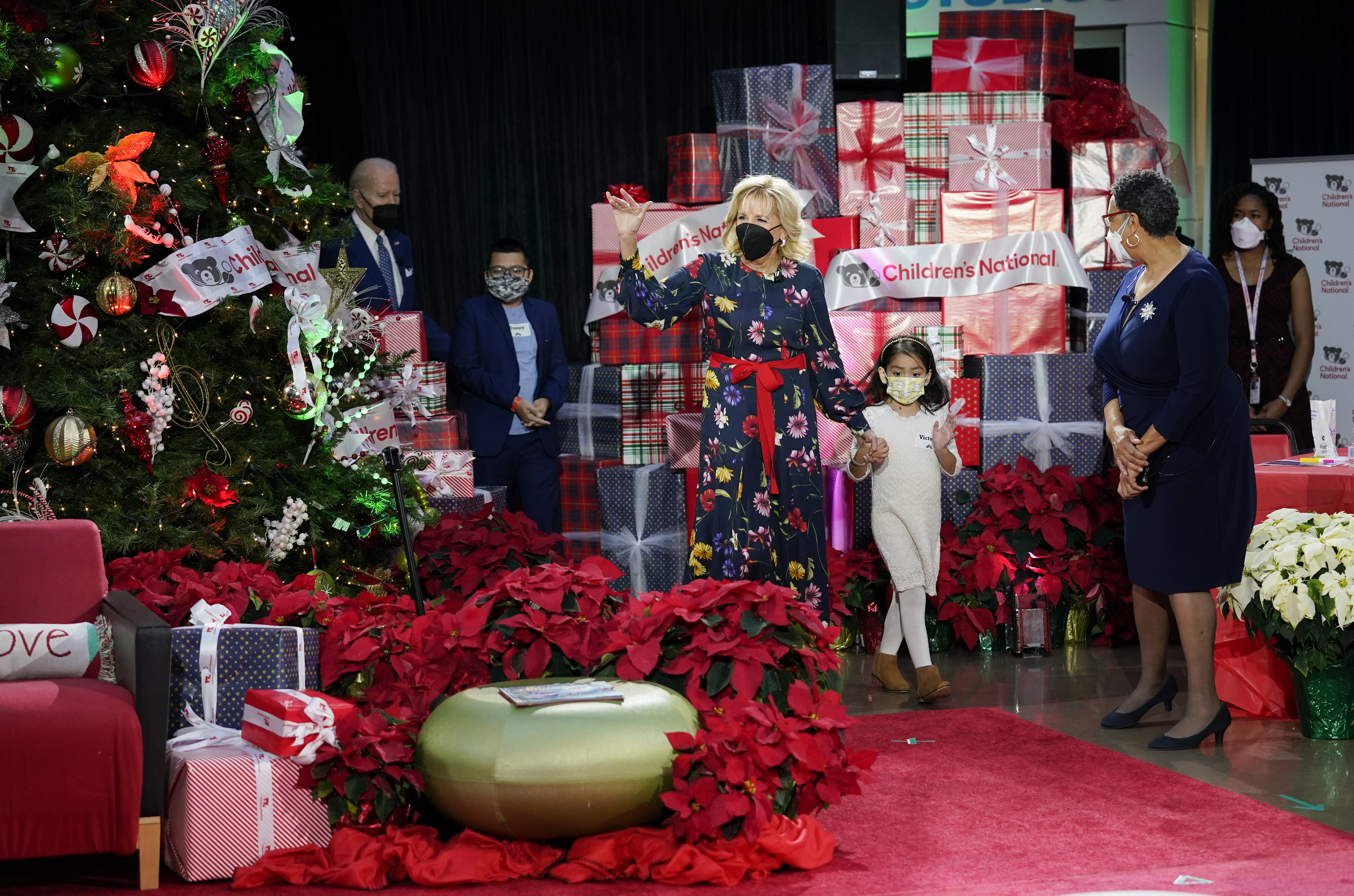 First lady Jill Biden arrives to read "Olaf's Night Before Christmas" with President Joe Biden and patients at Children's National Hospital in Washington, Friday, Dec. 24, 2021. 