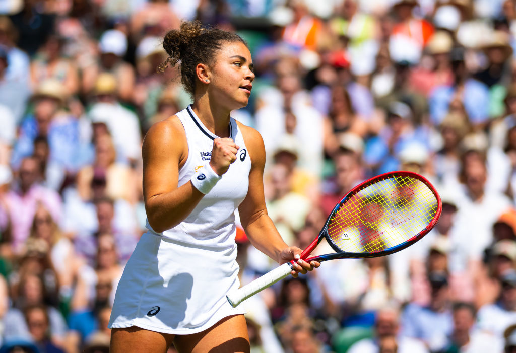 Jasmine Paolini in action against Donna Vekic of Croatia in the semi-final on Day Eleven of The Championships Wimbledon 