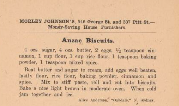 1917 War Chest Cookery Book recipe for Anzac Biscuits