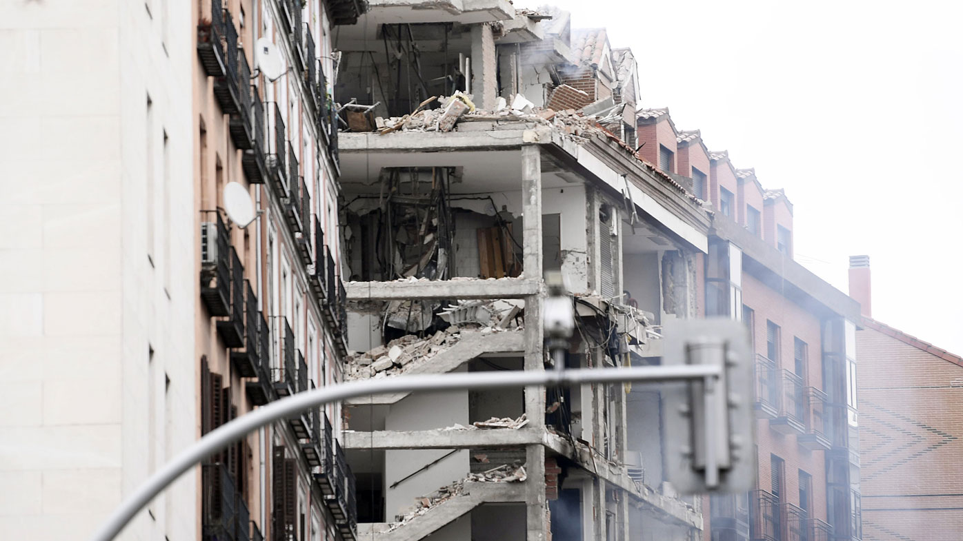 Six floors have collapsed on a building after a large explosion on Toledo Street in central Madrid on January 20, 2021 in Madrid, Spain.