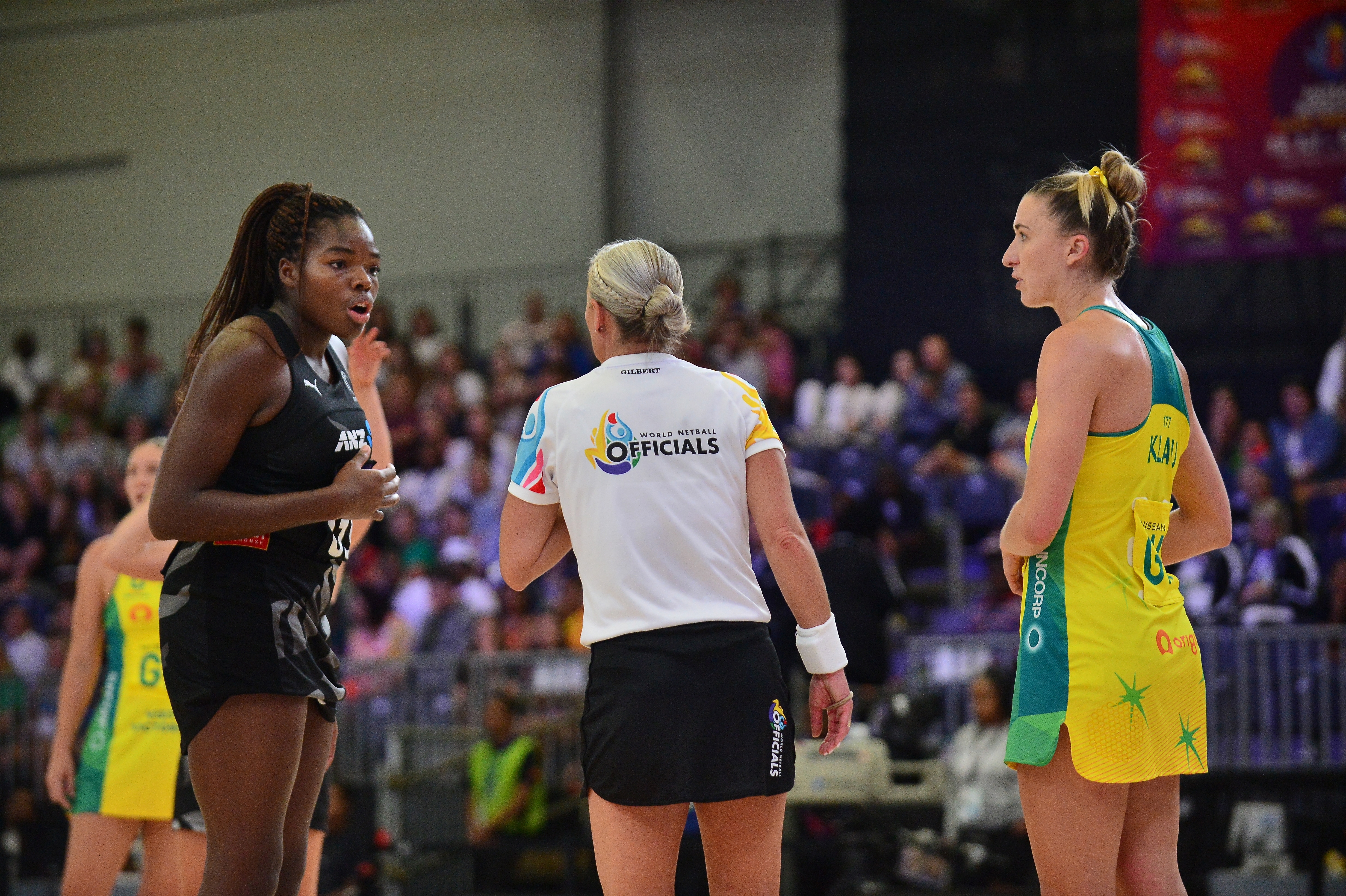 Umpire Anso Kemp chats with Grace Nweke of New Zealand and Courtney Bruce of Australia during the Netball Quad Series final match between Australia and New Zealand at Cape Town International Convention Centre on January 25, 2023 in Cape Town, South Africa. (Photo by Grant Pitcher/Gallo Images/Getty Images)