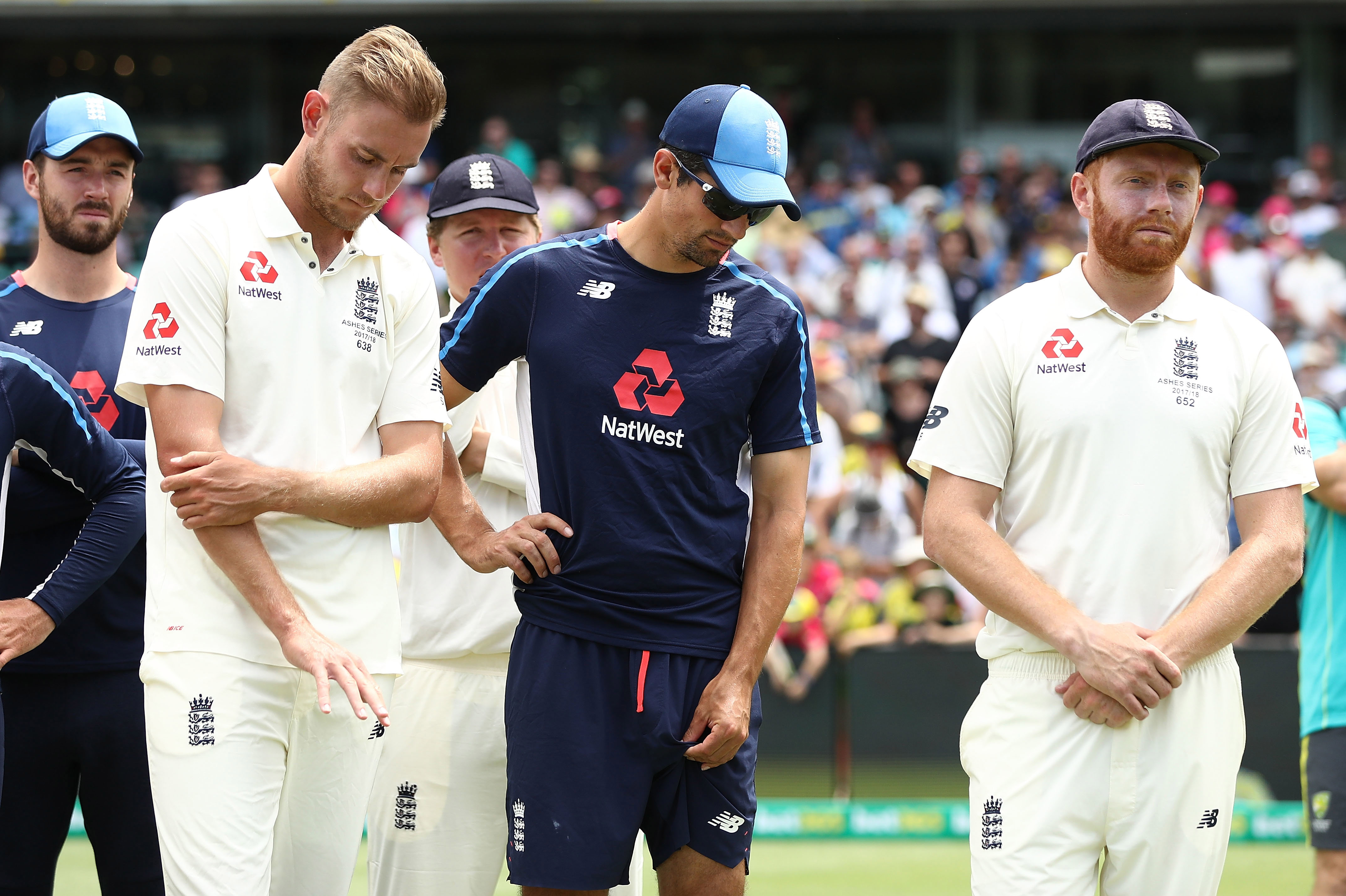 From left: Stuart Broad, Alastair Cook and Jonny Bairstow after the fifth Test of the 2017-18 Ashes.