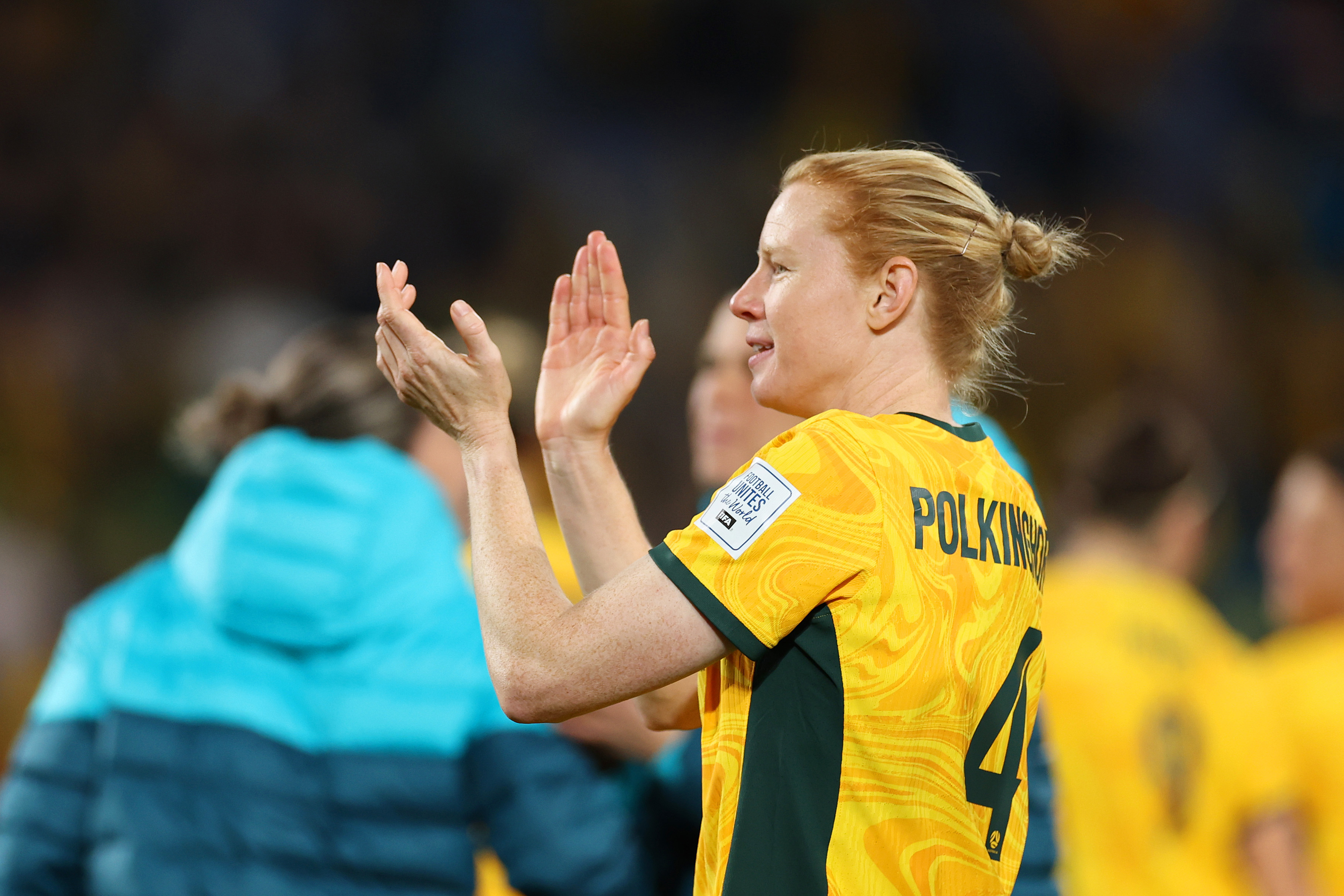 Matildas stalwart Clare Polkinghorne acknowledges the Sydney crowd after Australia's win over Denmark.