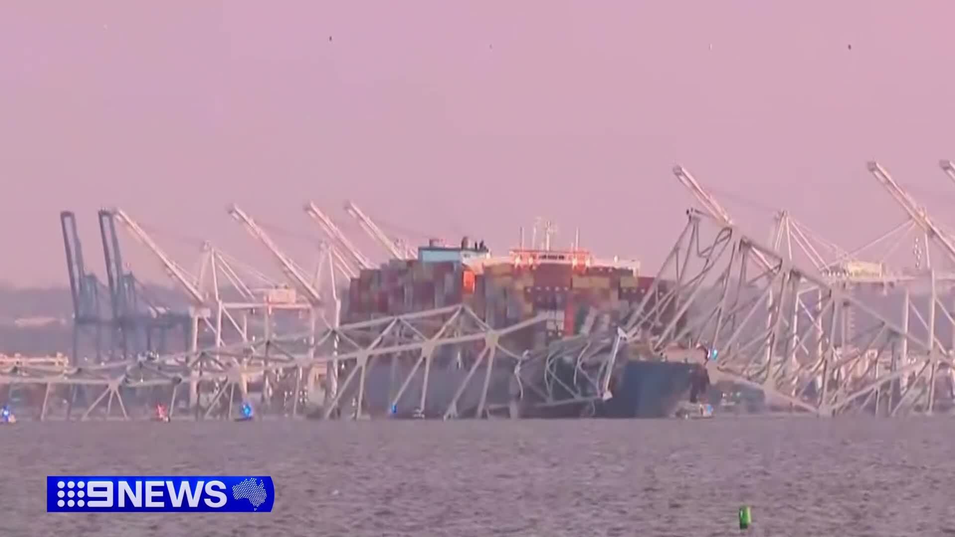 Parts of the Francis Scott Key Bridge remain after a container ship collided with a support Tuesday, March 26, 2024, in Baltimore.