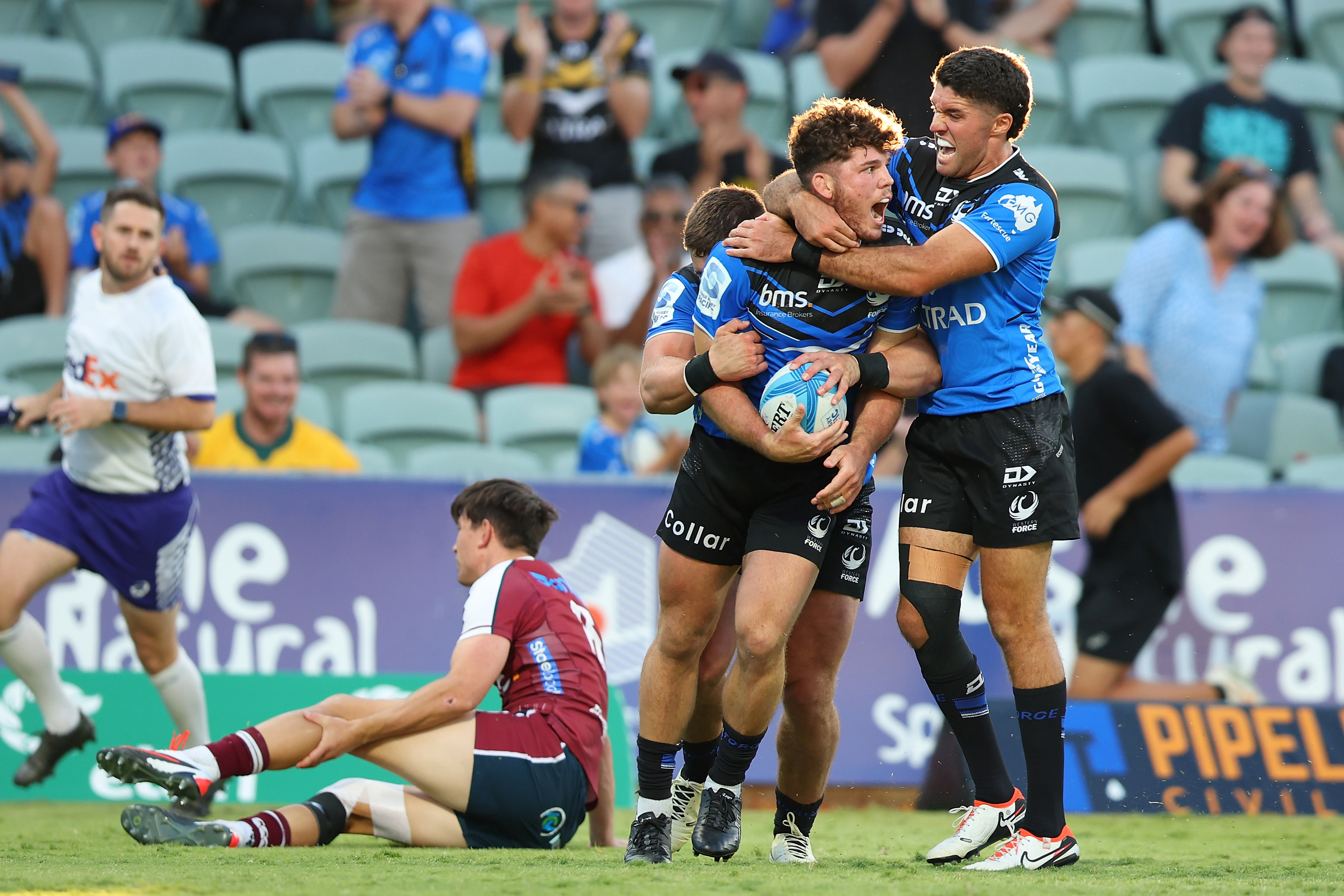 Carlo Tizzano of the Force celebrates his try during the round five Super Rugby Pacific match between Western Force and Queensland Reds.