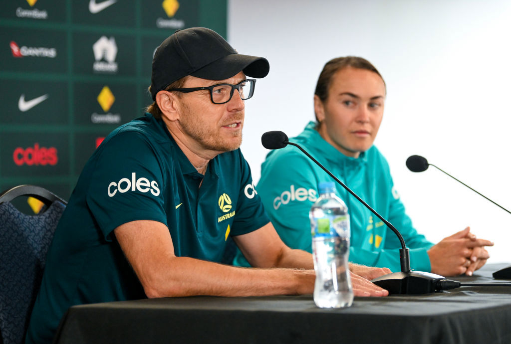 Tony Gustavsson, Head Coach of Australia, and Caitlin Foord of Australia speak to media during a Australia Matildas press conference.