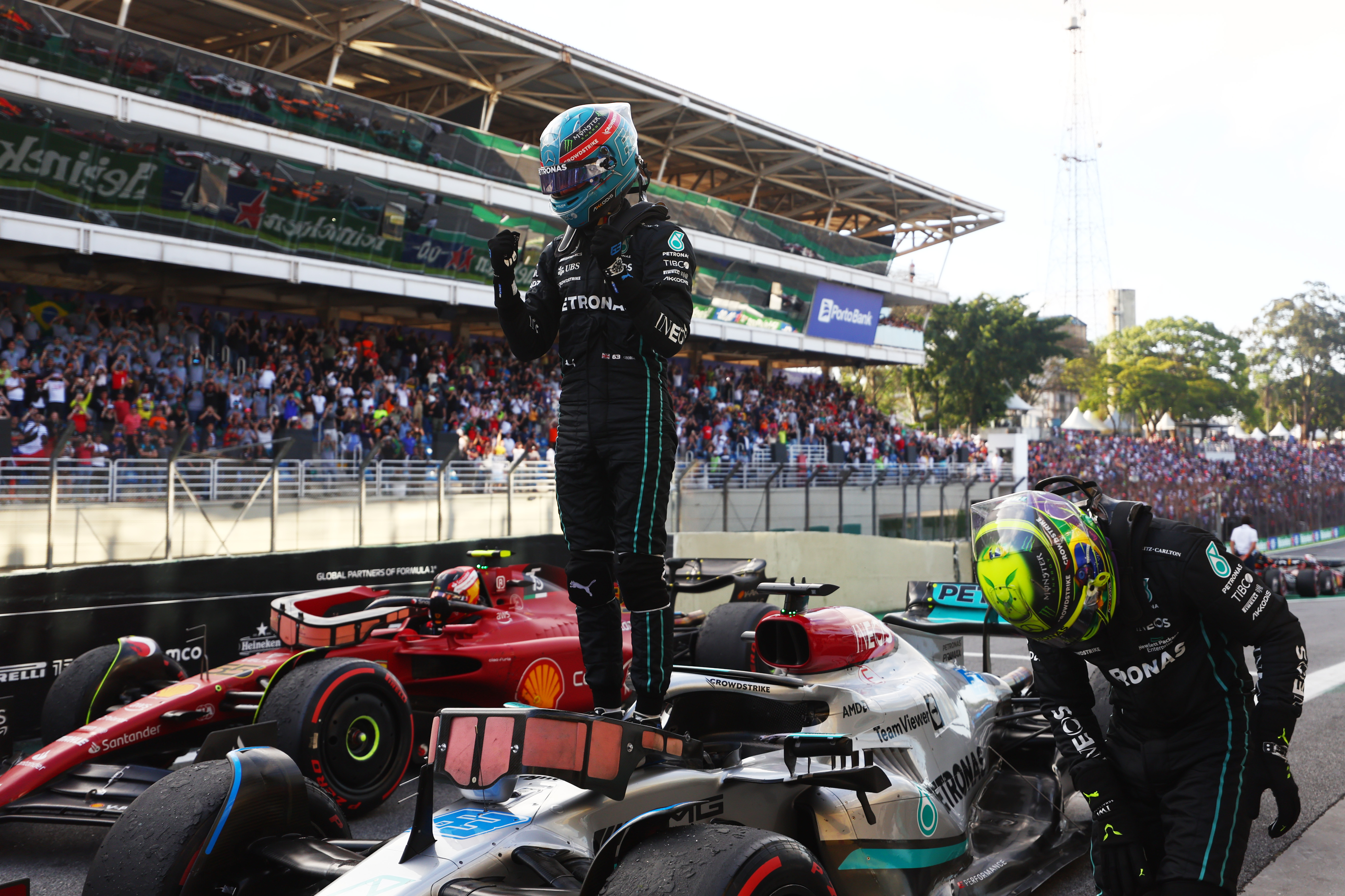 Sprint winner George Russell of Great Britain and Mercedes celebrates in parc ferme during the Sprint ahead of the F1 Grand Prix of Brazil at Autodromo Jose Carlos Pace on November 12, 2022 in Sao Paulo, Brazil. (Photo by Bryn Lennon - Formula 1/Formula 1 via Getty Images)