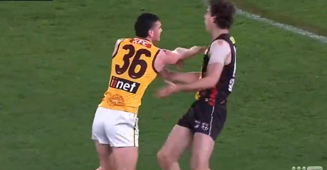 Saint Kilda's Max King is shoved by Hawthorn's James Blanck.