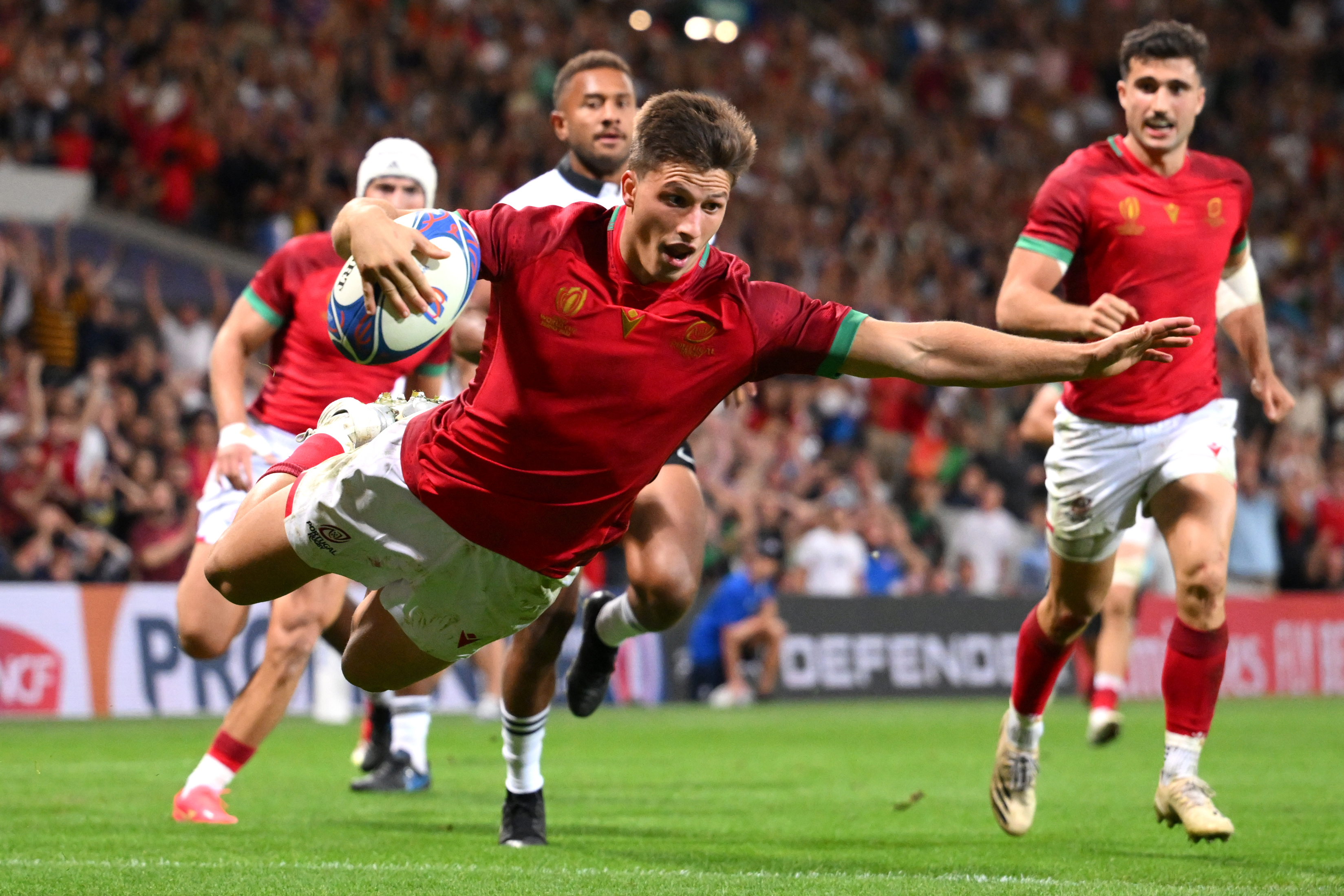 Rodrigo Marta scores the winning try for Portugal to seal a famous victory over Fiji.