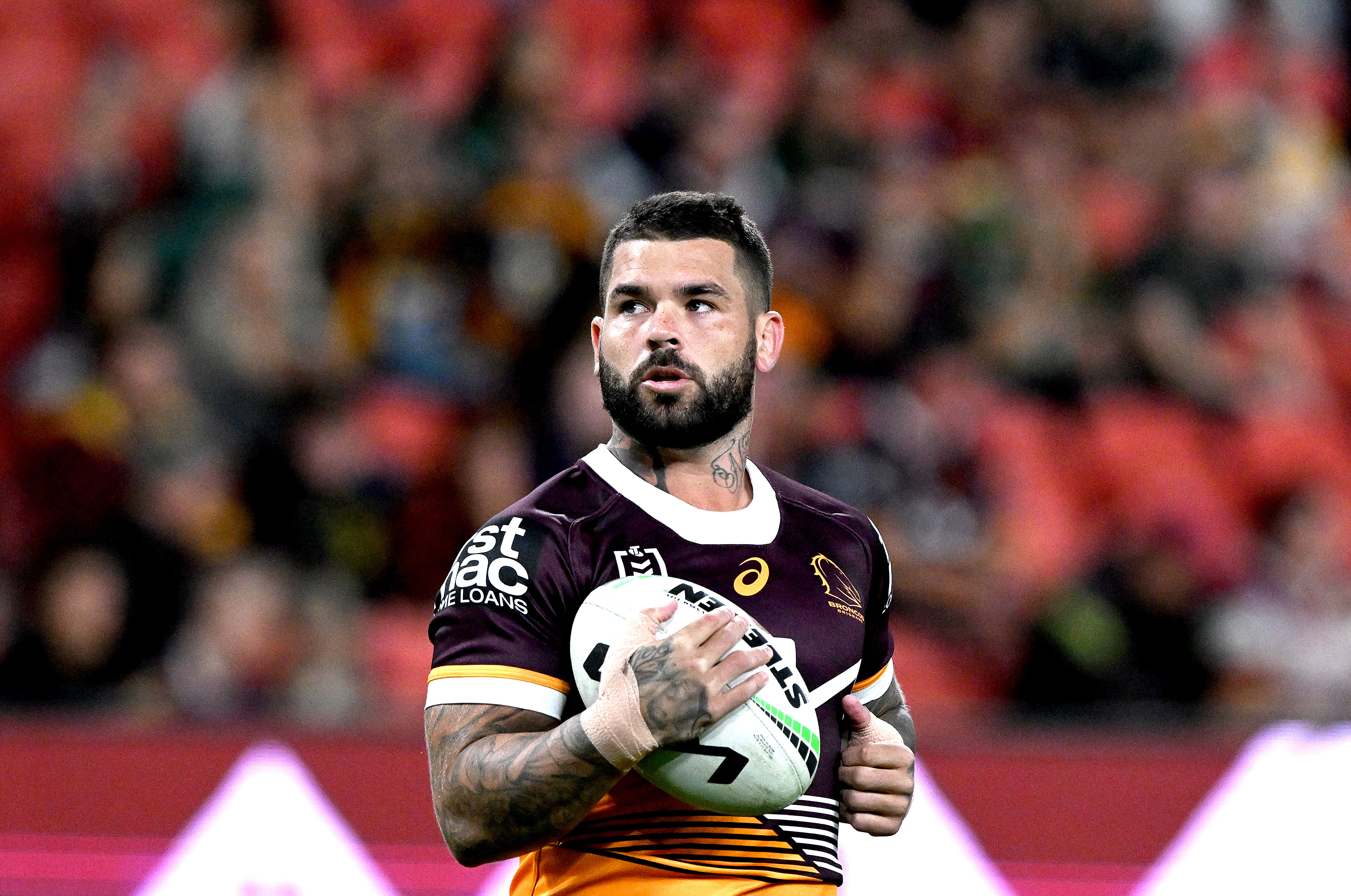 BRISBANE, AUSTRALIA - APRIL 28: Adam Reynolds of the Broncos during the warm up before the round nine NRL match between Brisbane Broncos and South Sydney Rabbitohs at Suncorp Stadium on April 28, 2023 in Brisbane, Australia. (Photo by Bradley Kanaris/Getty Images)