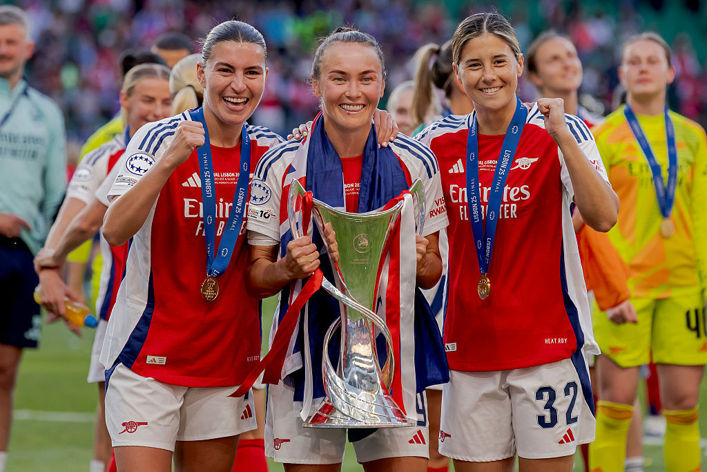 (L-R) Steph Catley of Arsenal Women, Caitlin Foord of Arsenal Women, Kyra Cooney Cross of Arsenal Women.