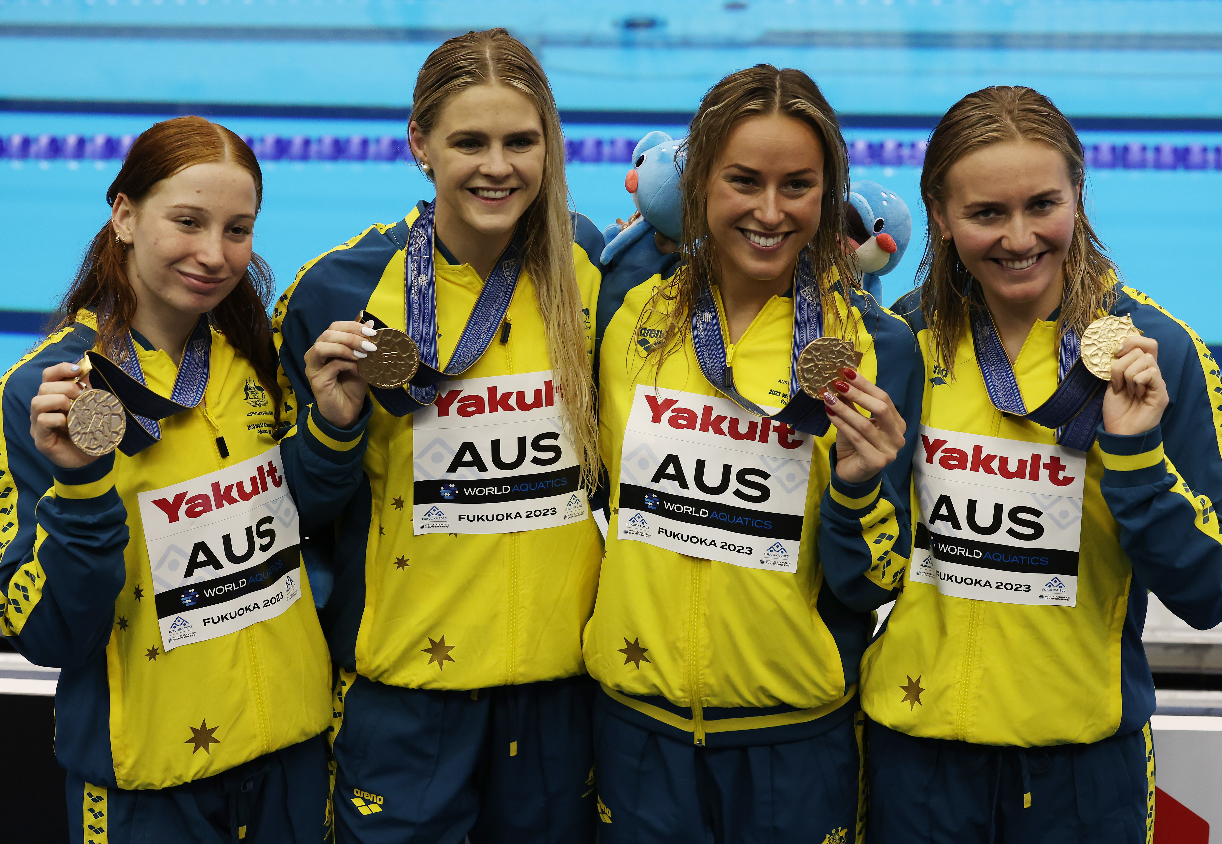 FUKUOKA, JAPAN - JULY 27: Gold medallists Mollie O'Callaghan, Shayna Jack, Brianna Throssell and Ariarne Titmus of Team Australia pose with their medals from the Women's 4 x 200m Freestyle Relay Final on day five of the Fukuoka 2023 World Aquatics Championships at Marine Messe Fukuoka Hall A on July 27, 2023 in Fukuoka, Japan. (Photo by Ian MacNicol/Getty Images)