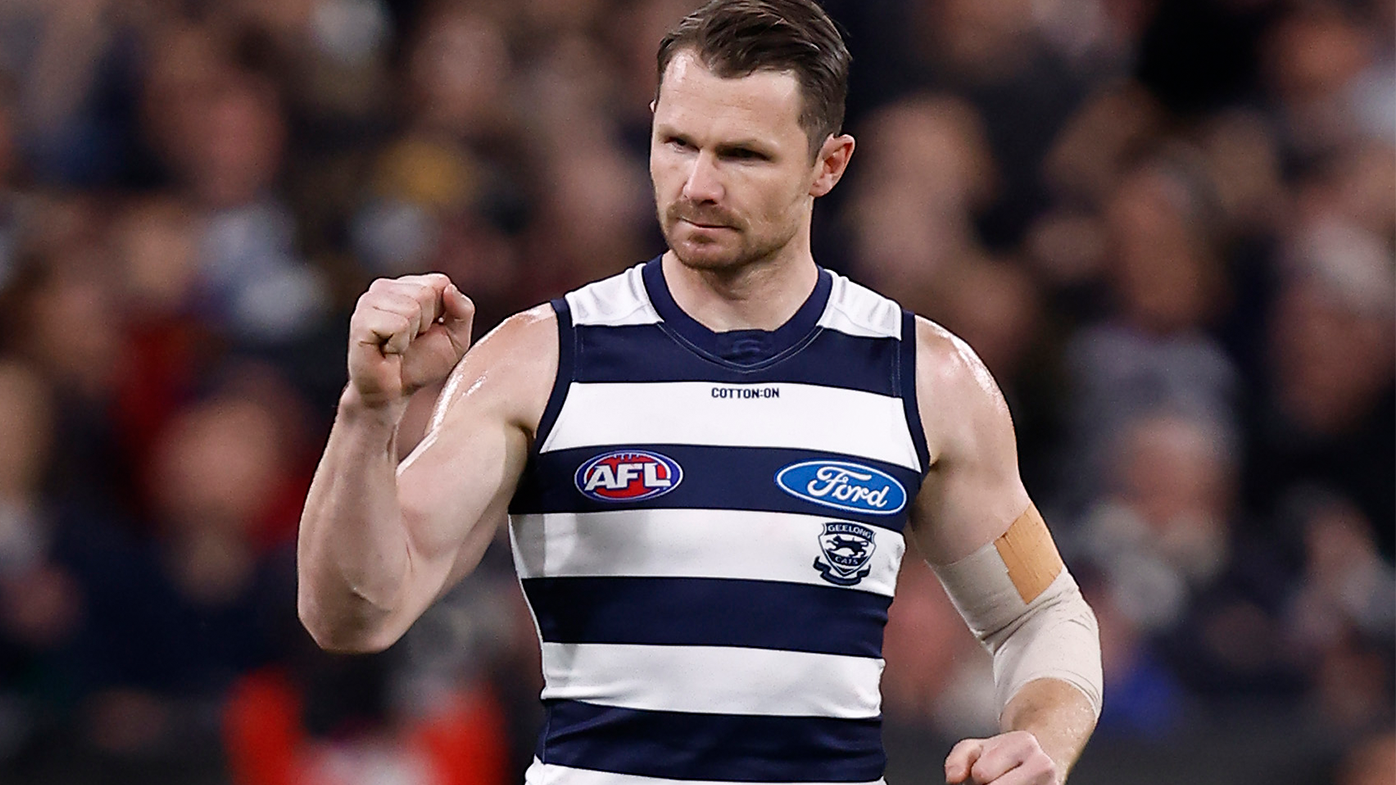 Patrick Dangerfield celebrates the opening goal of the first preliminary final between the Geelong Cats and the Brisbane Lions.
