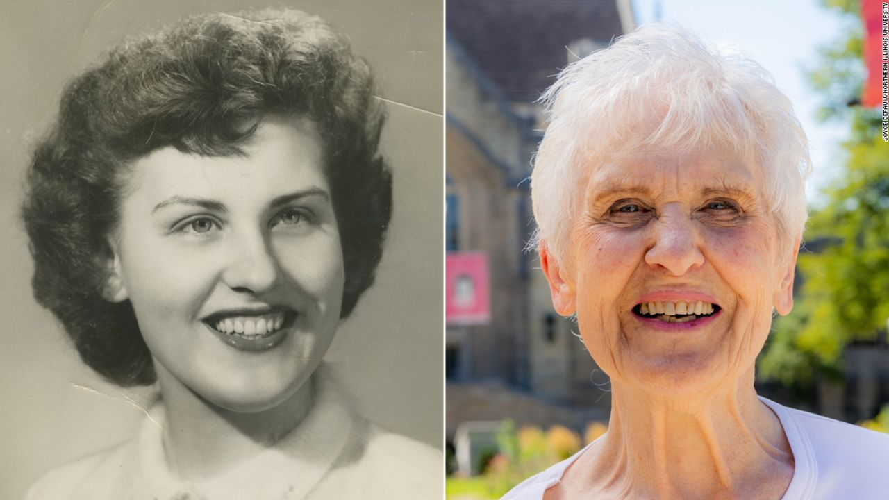 Joyce DeFauw's senior photograph from 1955, left, and the when she visited campus in August 2022.