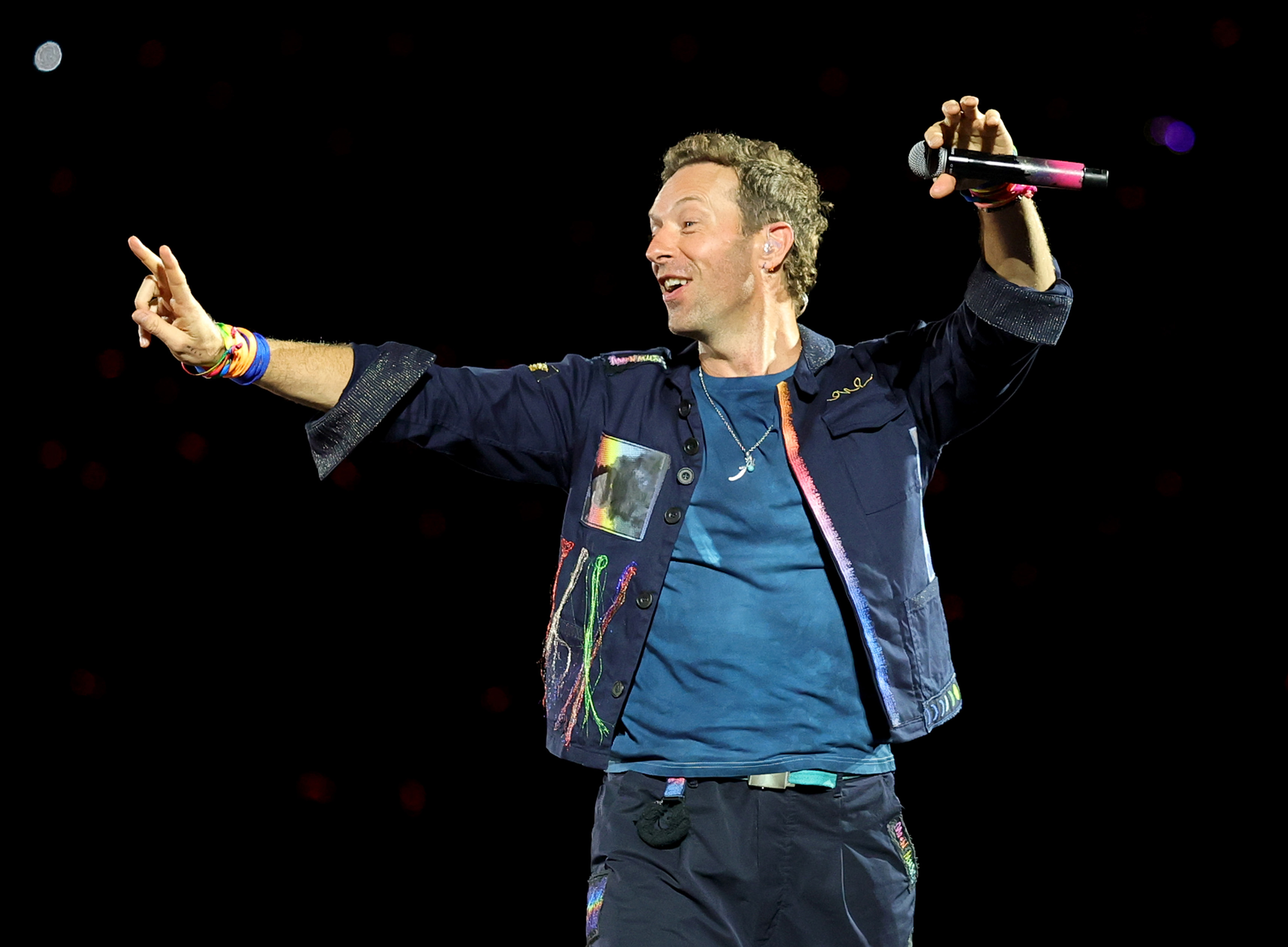 Chris Martin of Coldplay performs on a stop of the band's Music of the Spheres world tour at Allegiant Stadium on June 06, 2025 in Las Vegas, Nevada. 