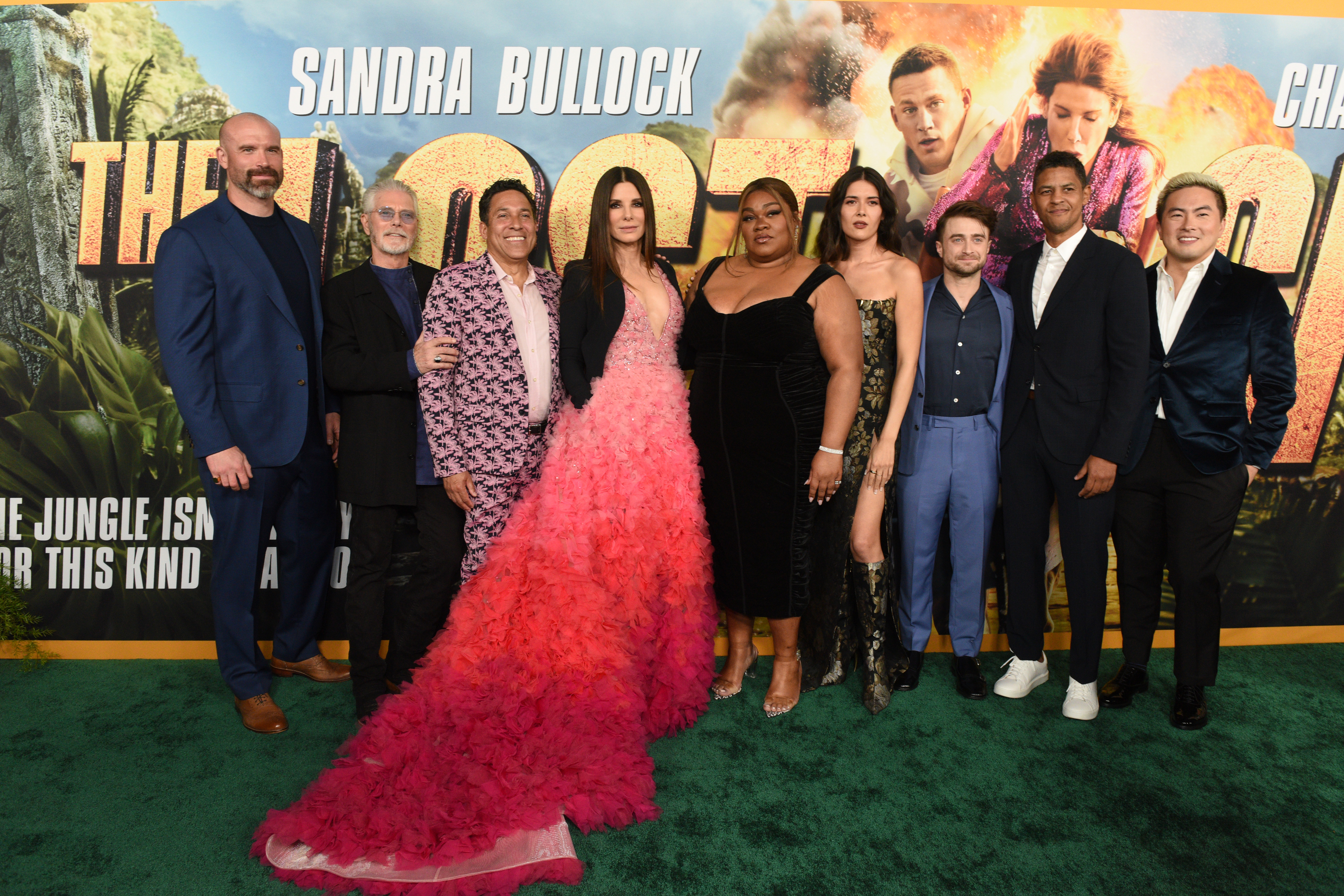 From left to right: Oscar Nunez, Sandra Bullock, Da'Vine Joy Randolph, Patti Harrison and Daniel Radcliffe attend the Los Angeles premiere of The Lost City on March 21, 2022.