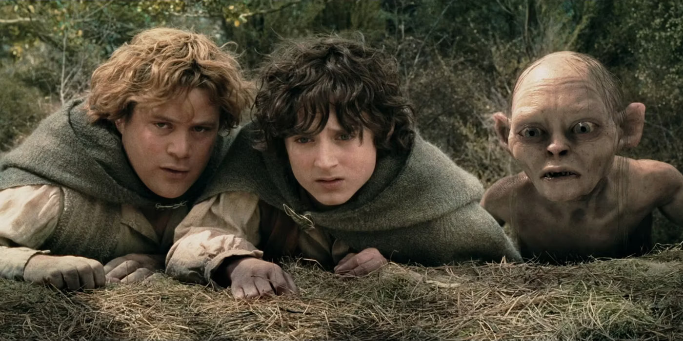 Sean Astin as Sam, Elijah Wood as Frodo, and Gollum (portrayed by Andy Serkis using motion capture technology) in the original Lord of the Rings trilogy.