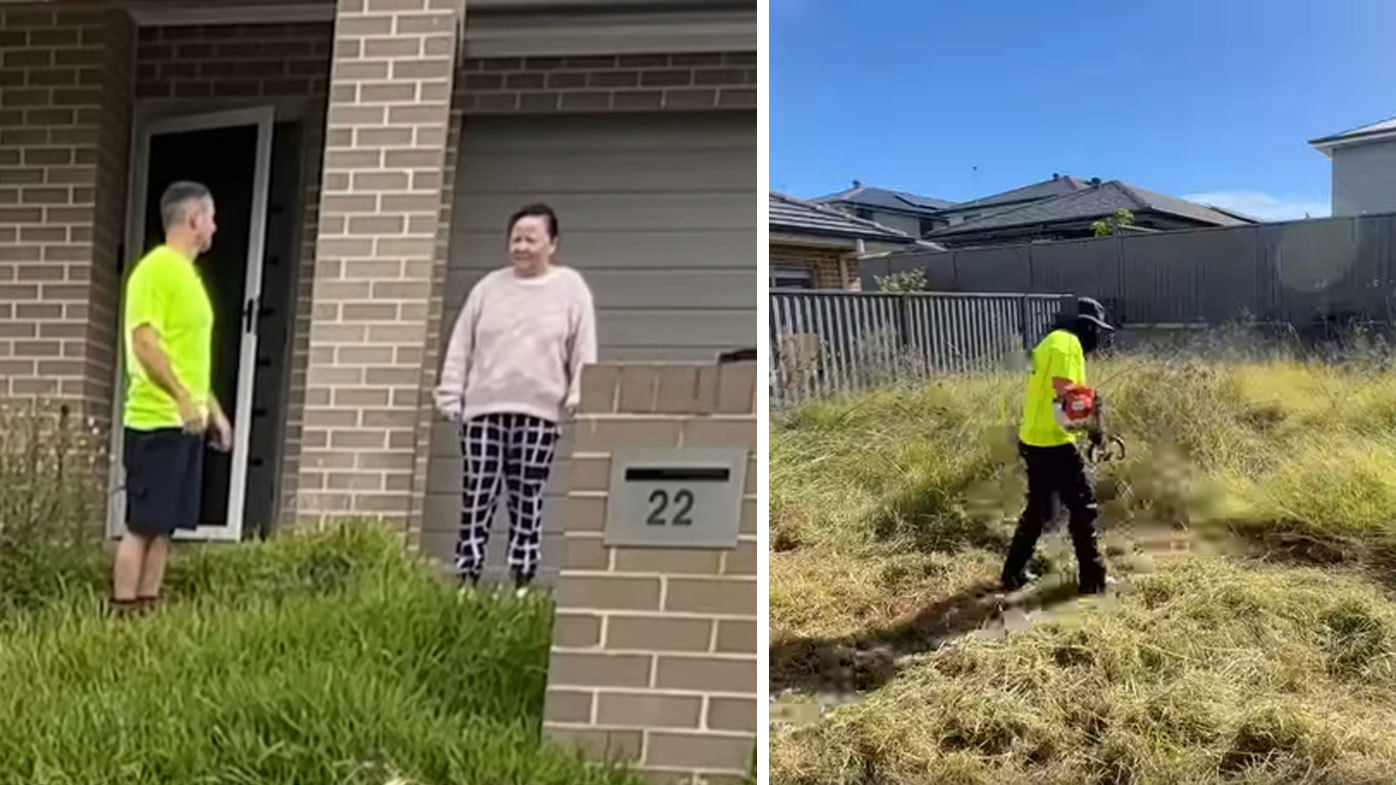 Tim Parker helps out a resident with an overgrown lawn on 'Free Mow Friday'.