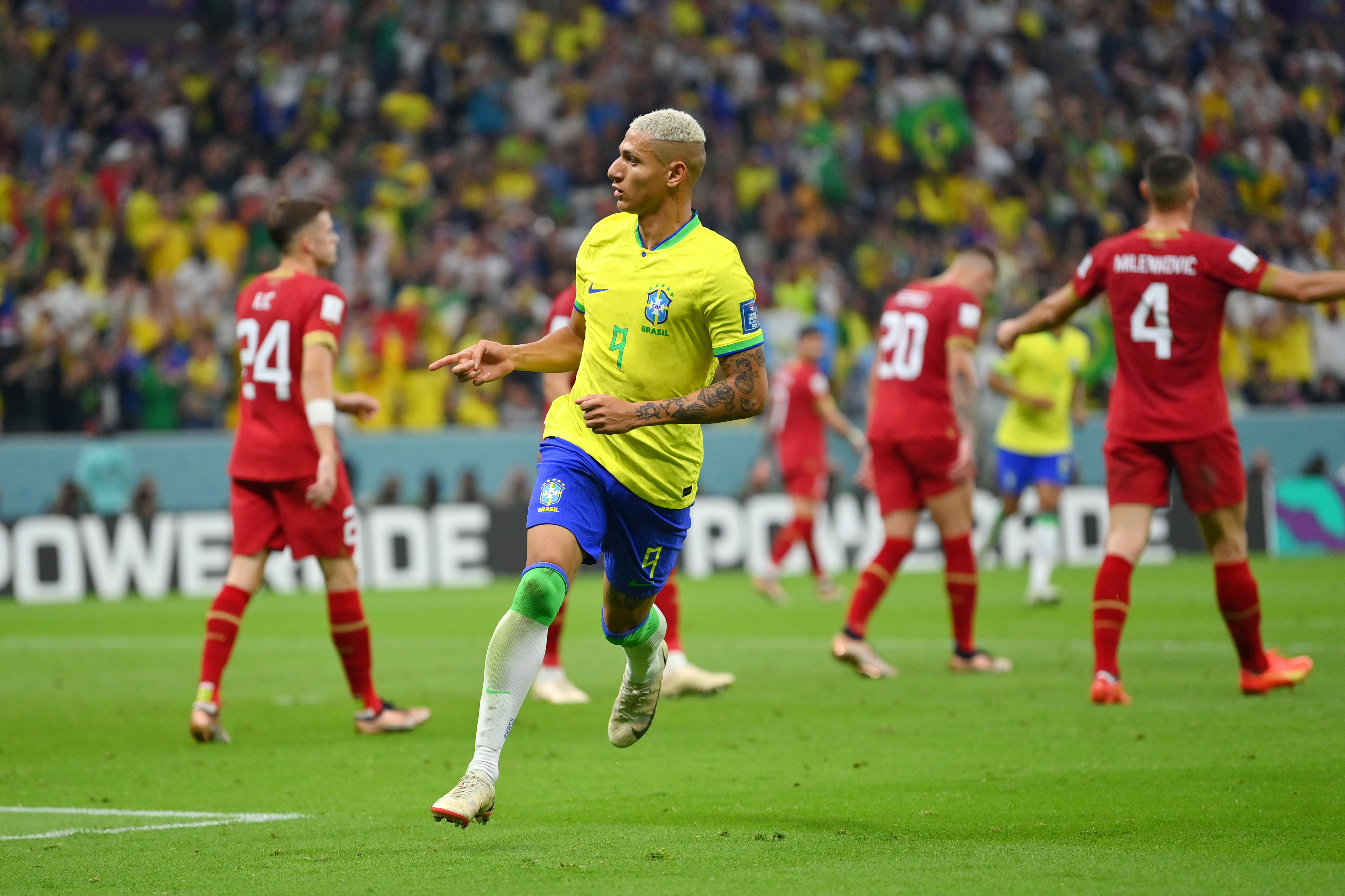 Richarlison of Brazil celebrates after scoring their team's second goal during the FIFA World Cup Qatar 2022 Group G match between Brazil and Serbia at Lusail Stadium on November 24, 2022 in Lusail City, Qatar. (Photo by Justin Setterfield/Getty Images)